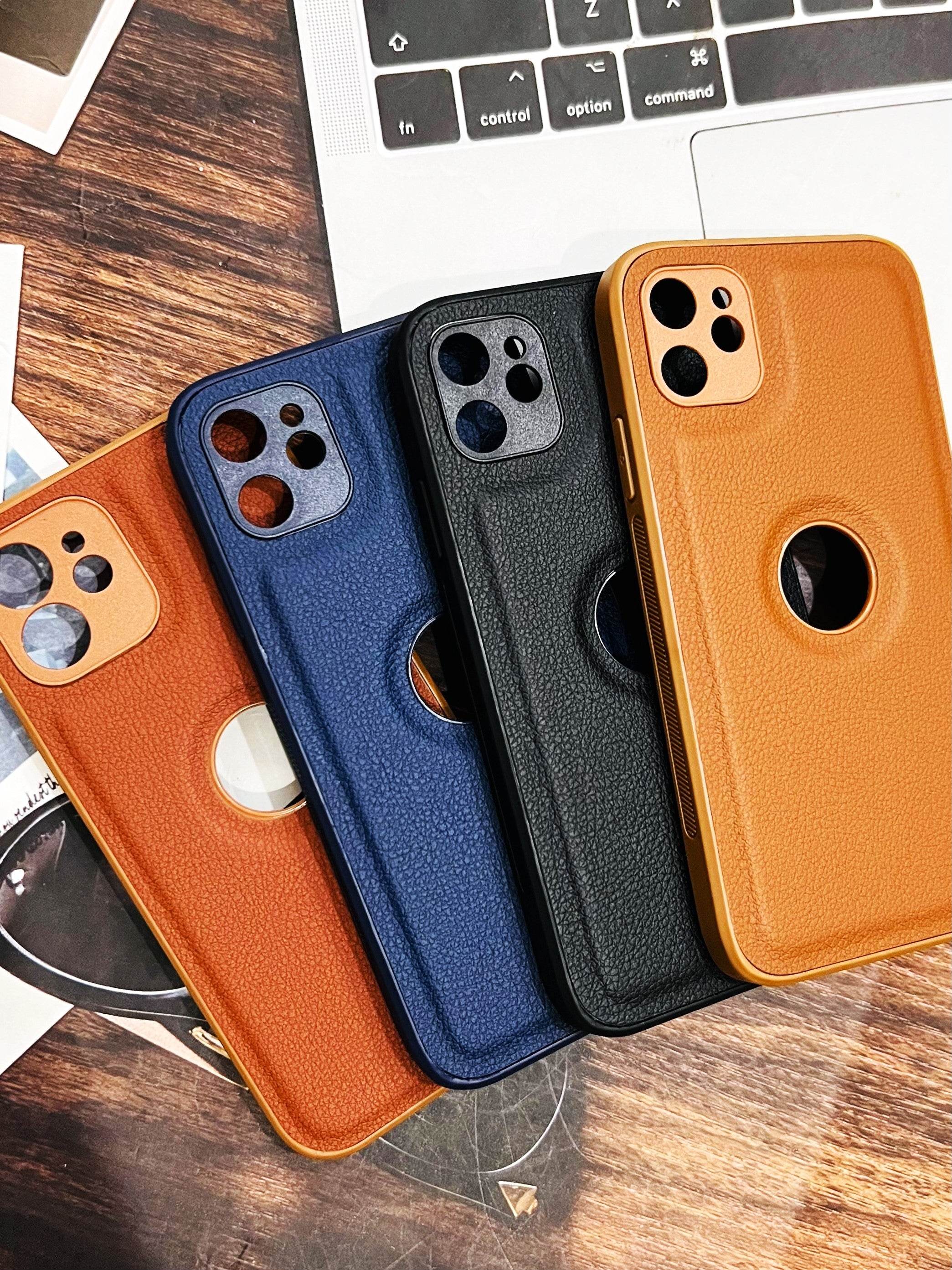 iPhone 12 Premium Leather Camera Protection Logo Cut Case - Black - Guleel