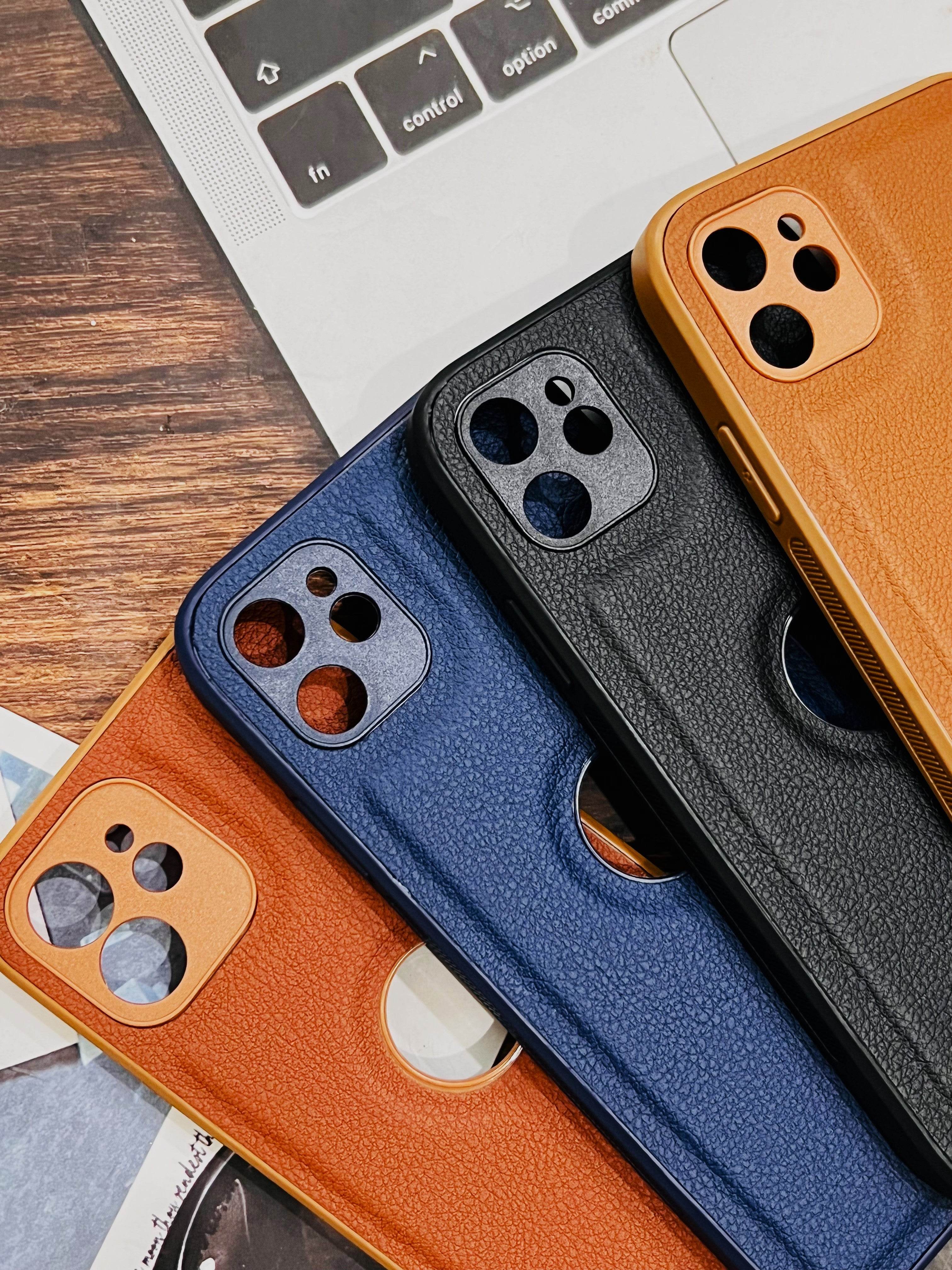 iPhone 12 Premium Leather Camera Protection Logo Cut Case - Blue - Guleel