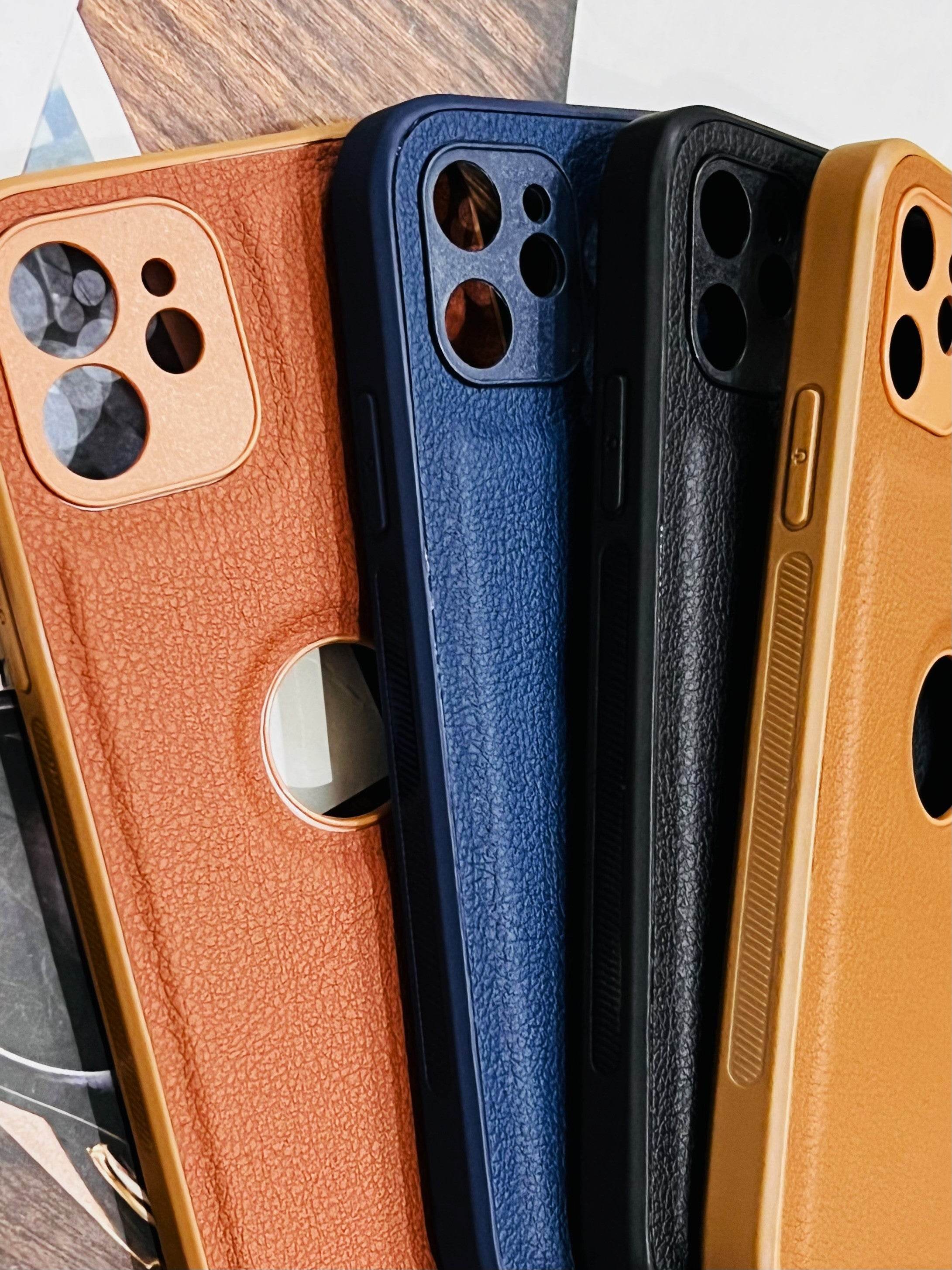 iPhone 12 Premium Leather Camera Protection Logo Cut Case - Blue - Guleel