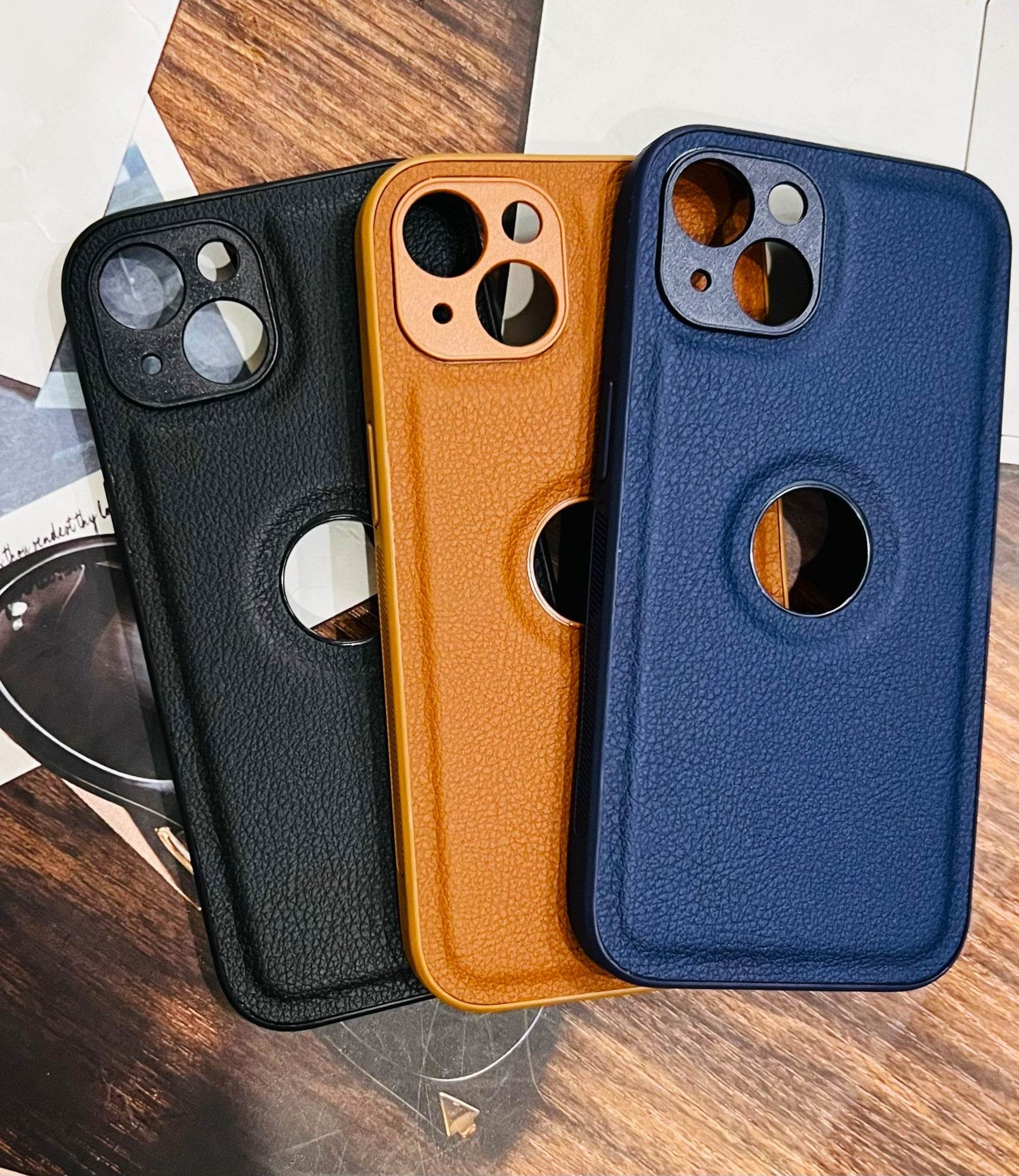 iPhone 13 Premium Leather Camera Protection Logo Cut Case - Brown - Guleel