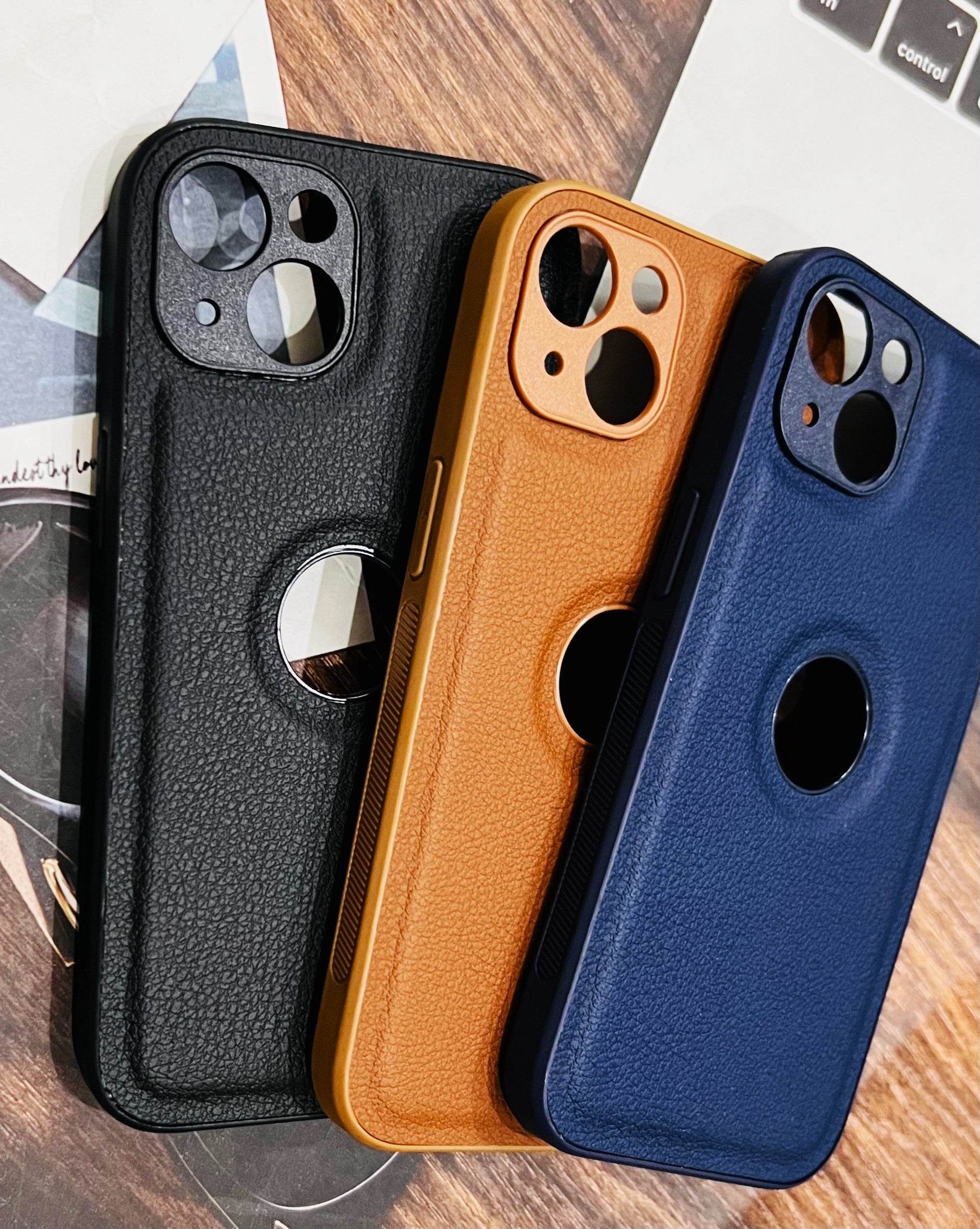 iPhone 13 Premium Leather Camera Protection Logo Cut Case - Blue - Guleel
