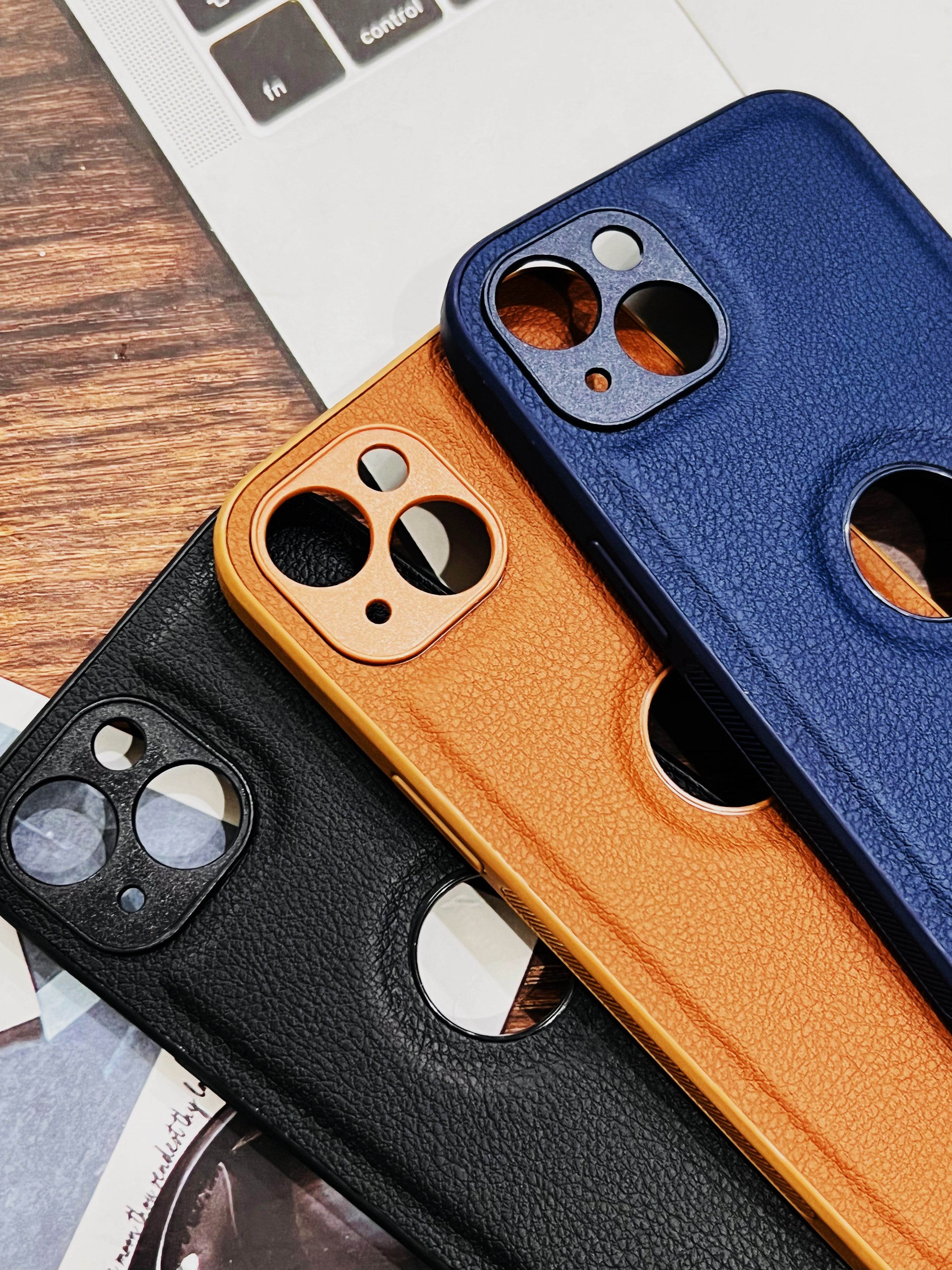 iPhone 13 Premium Leather Camera Protection Logo Cut Case - Blue - Guleel
