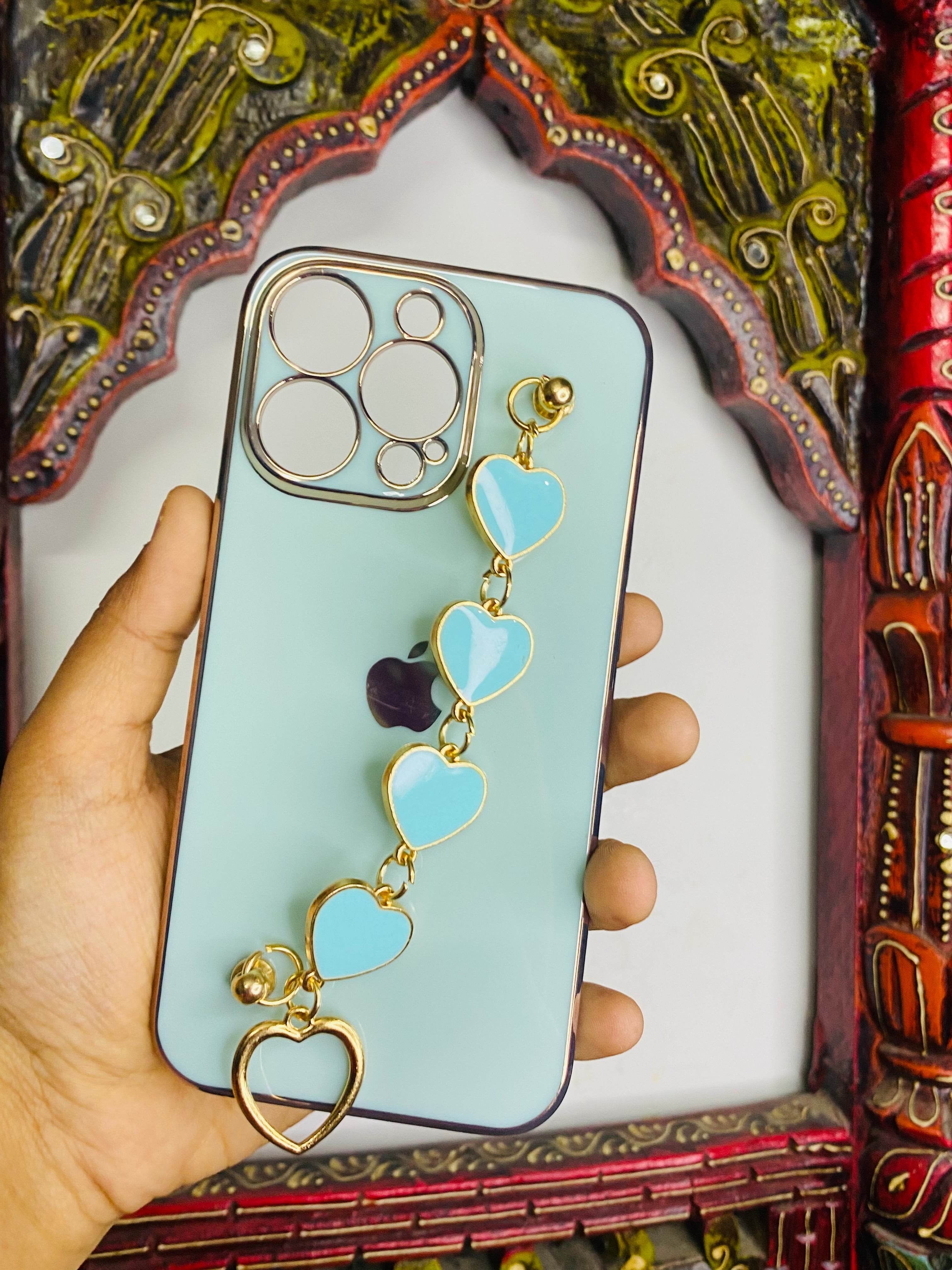 iPhone 13 Pro Cute 3D Hearts Chain Silicon Case Cover - Mint Green - Guleel