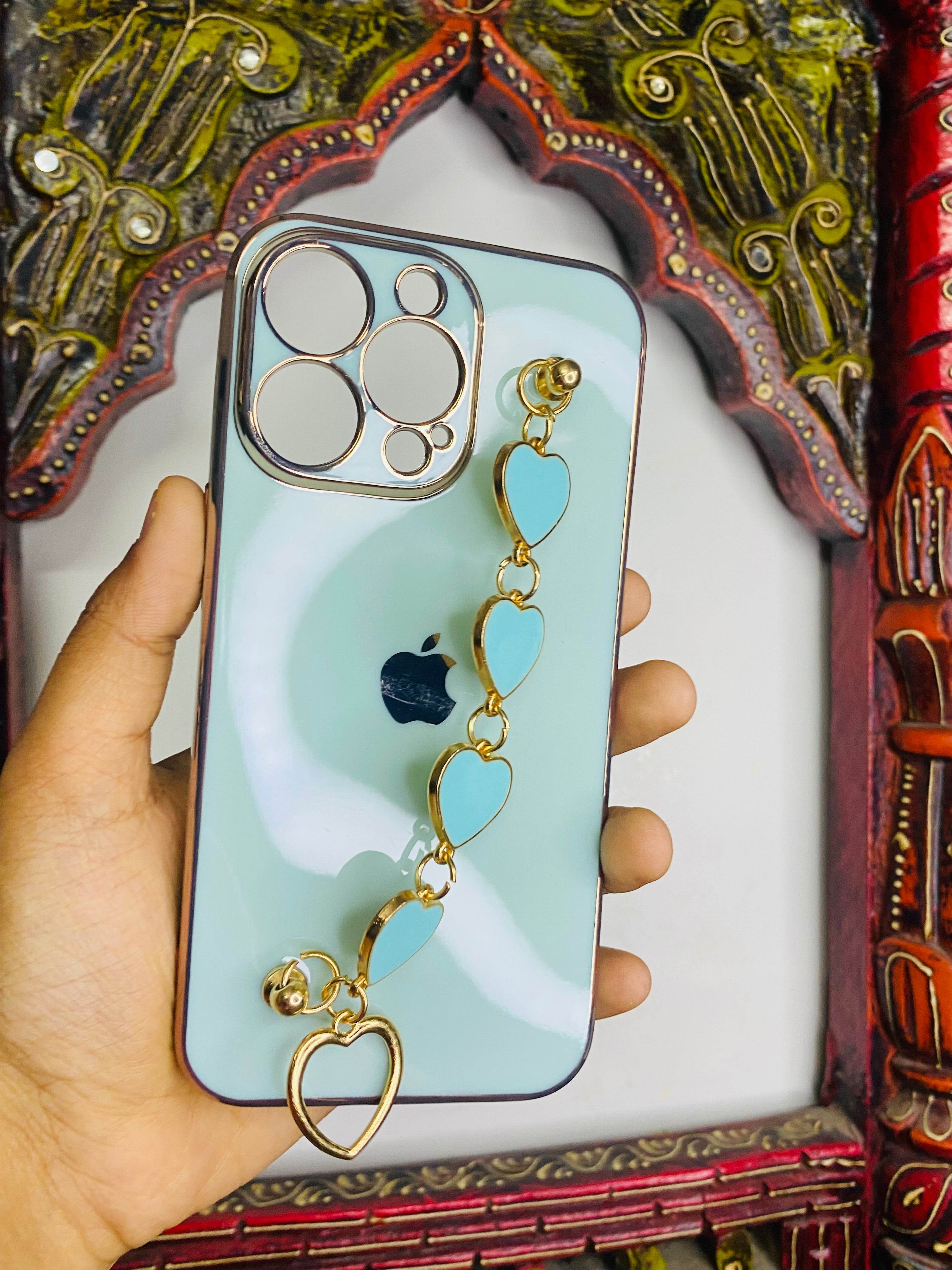 iPhone 13 Pro Max Premium Silicone 3D Hearts Chain Case - Mint Green - Guleel
