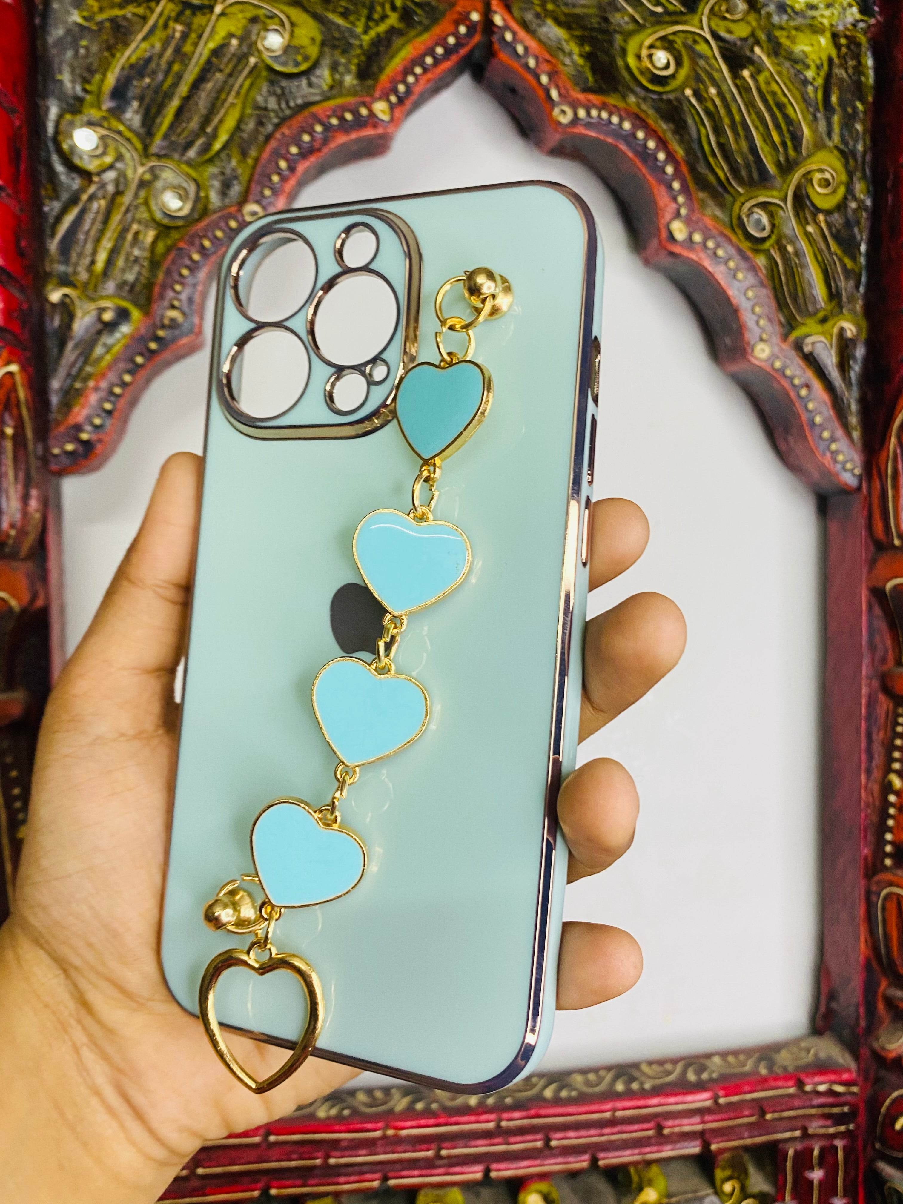 iPhone 13 Pro Cute 3D Hearts Chain Silicon Case Cover - Mint Green - Guleel