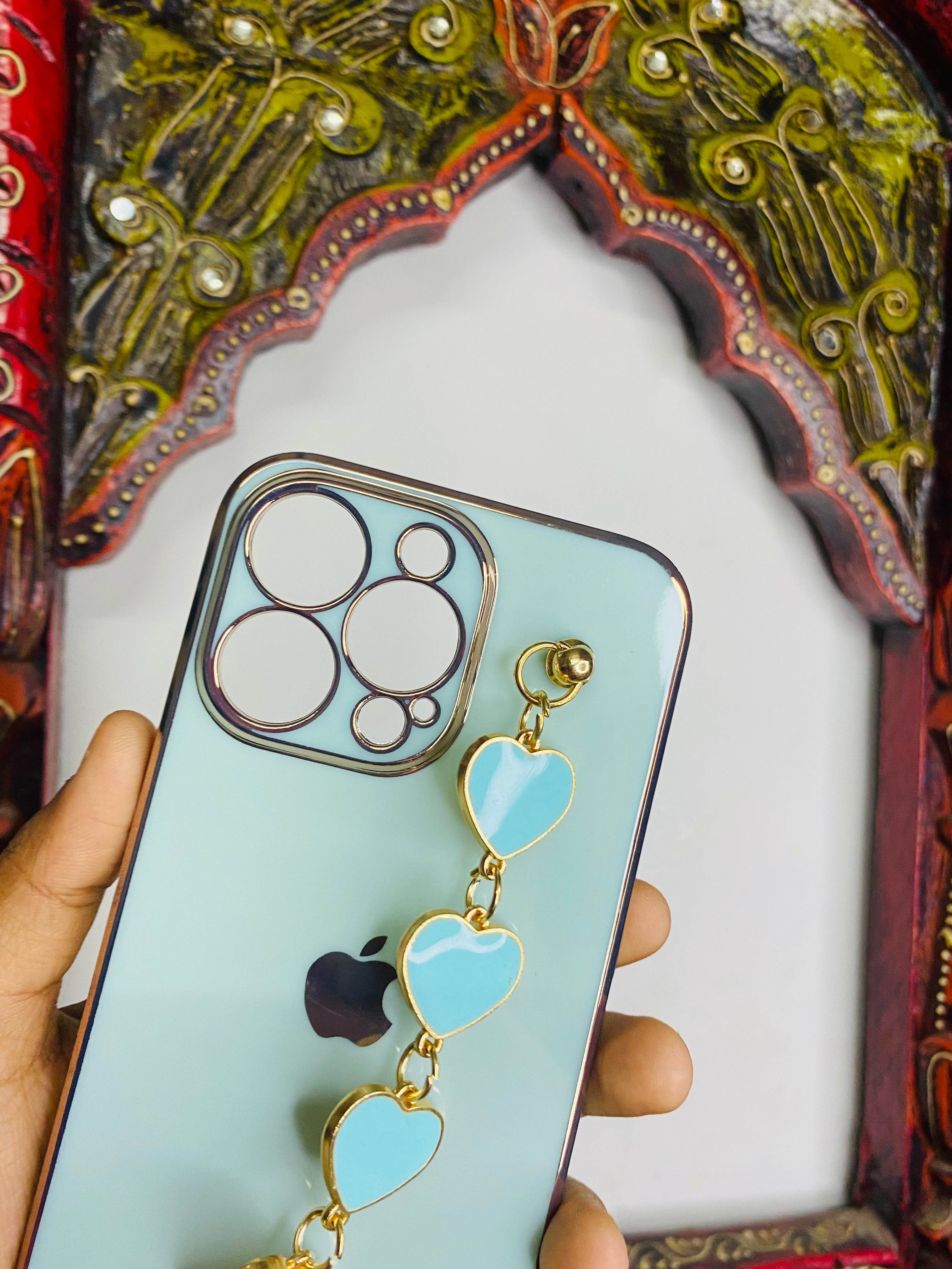 iPhone 13 Pro Cute 3D Hearts Chain Silicon Case Cover - Mint Green - Guleel