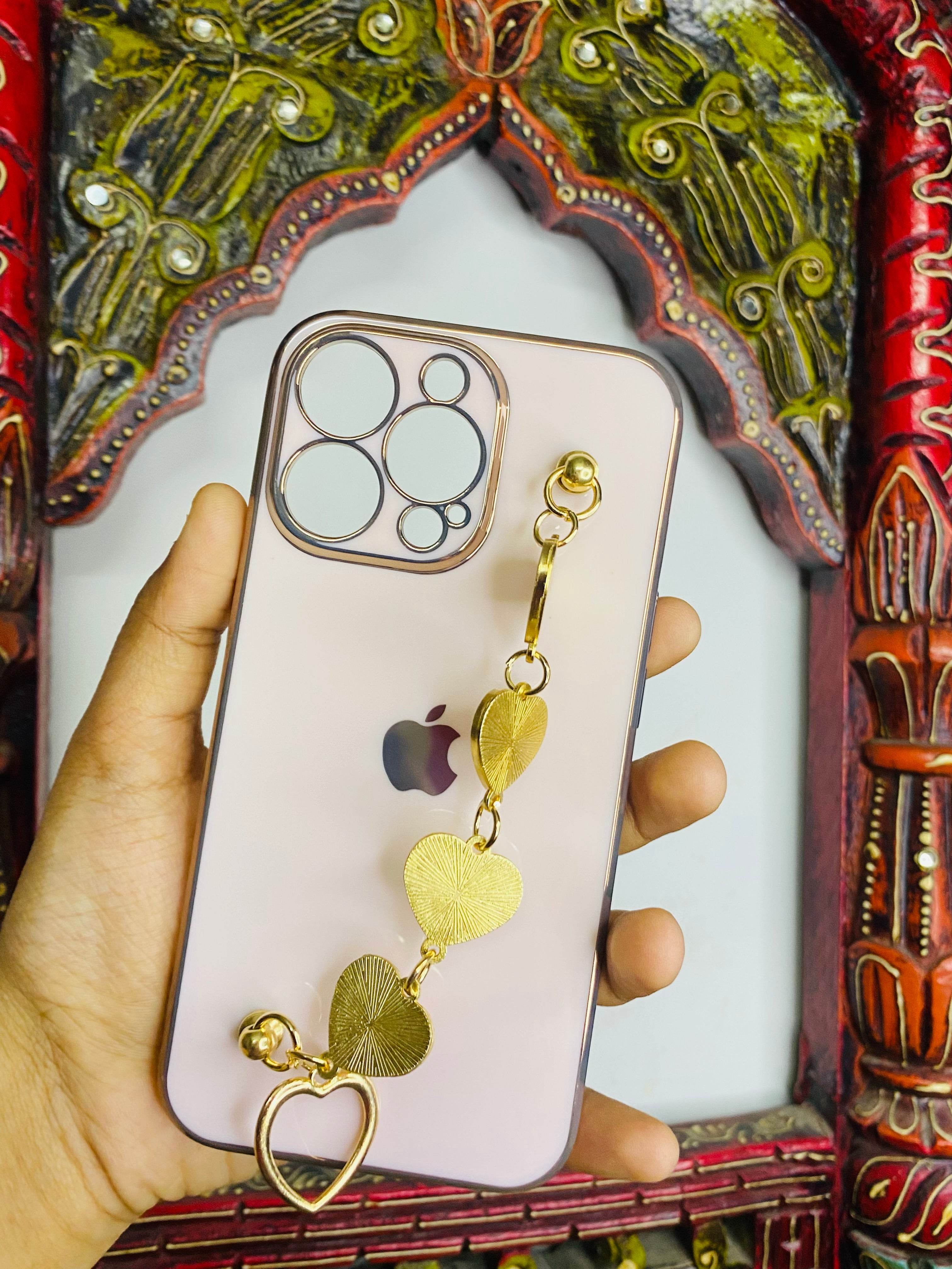 iPhone 13 Pro Max Cute 3D Hearts Chain Silicon Case Cover - Rose Gold - Guleel