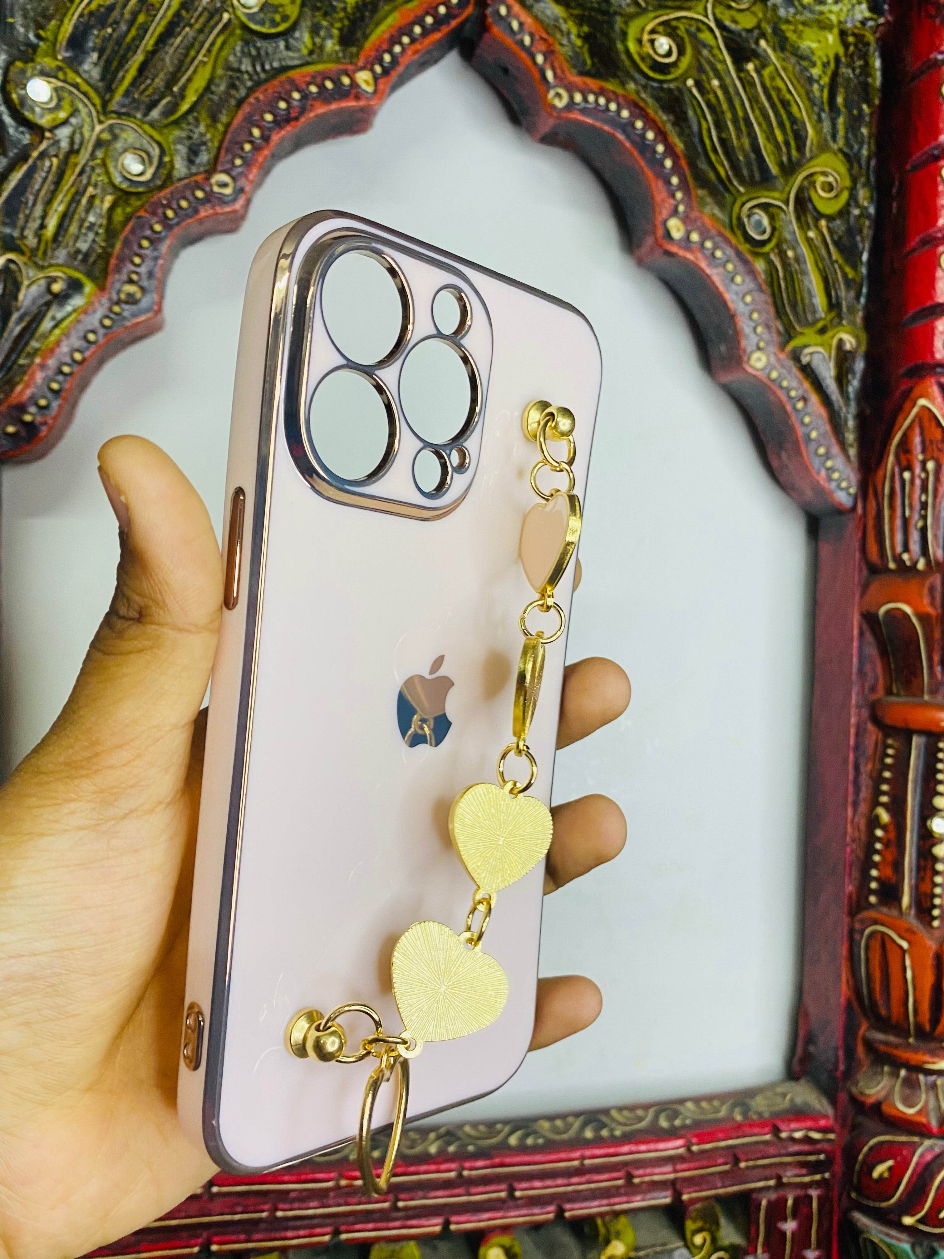 iPhone 13 Pro Max Cute 3D Hearts Chain Silicon Case Cover - Rose Gold - Guleel