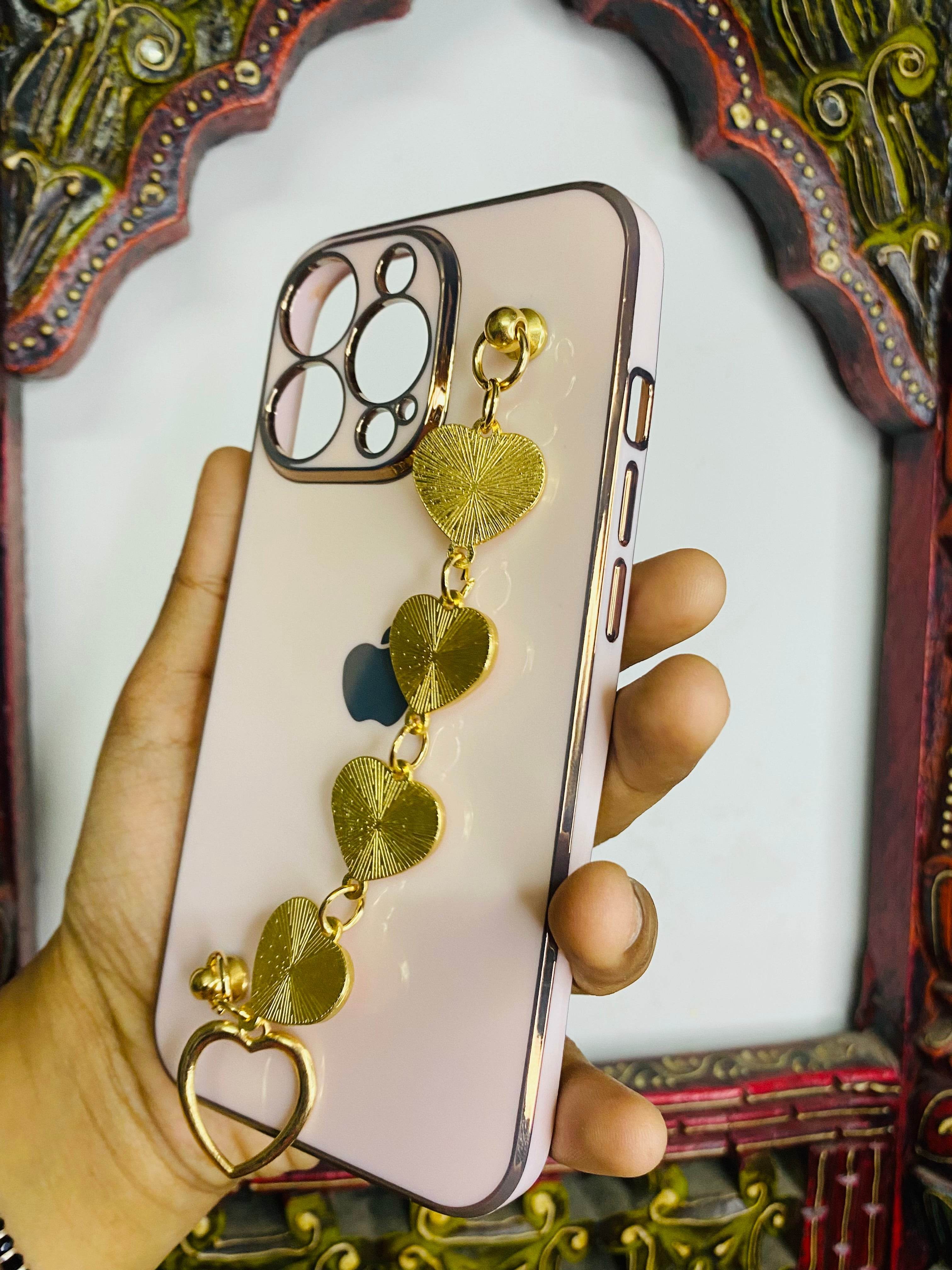 iPhone 13 Pro Max Cute 3D Hearts Chain Silicon Case Cover - Rose Gold - Guleel