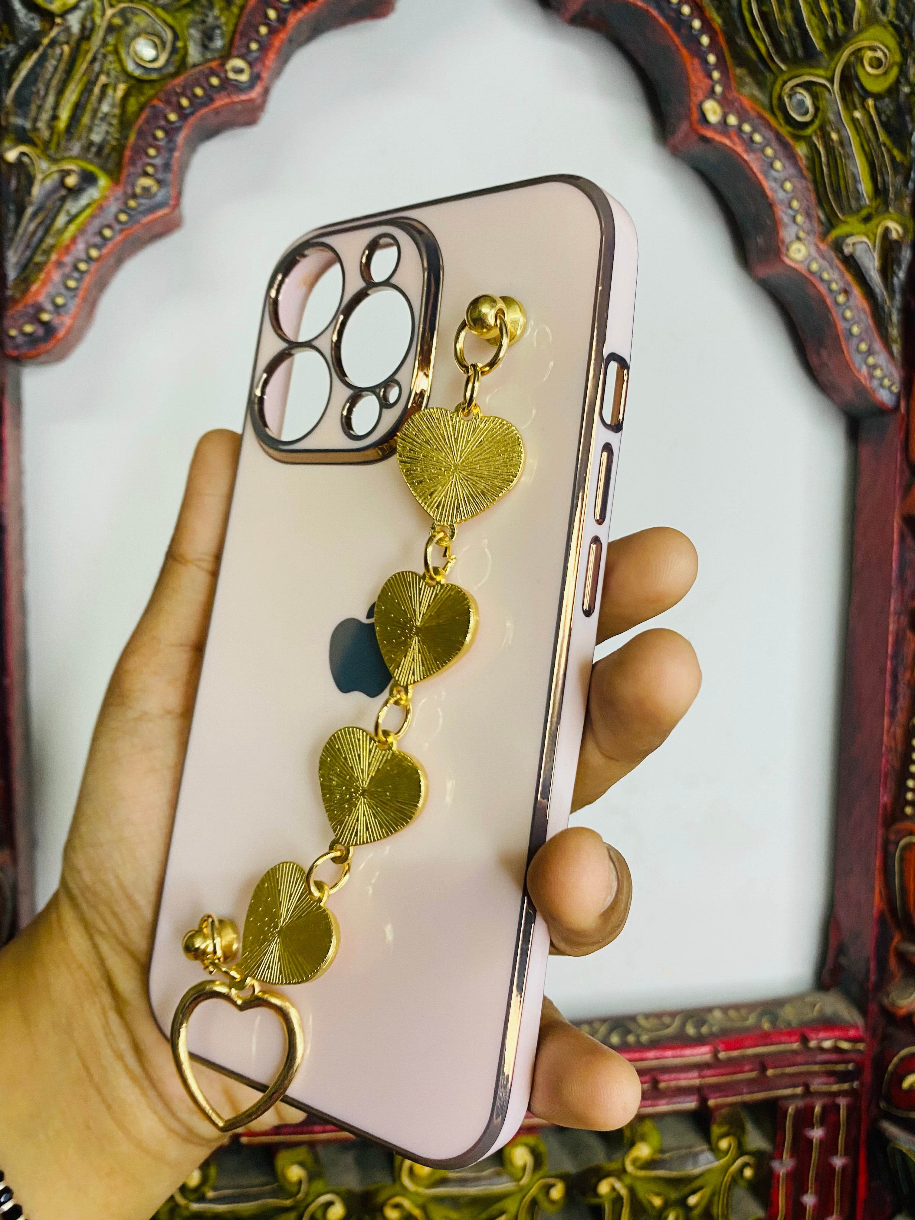 iPhone 13 Pro Cute 3D Hearts Chain Silicon Case Cover - Rose Gold - Guleel