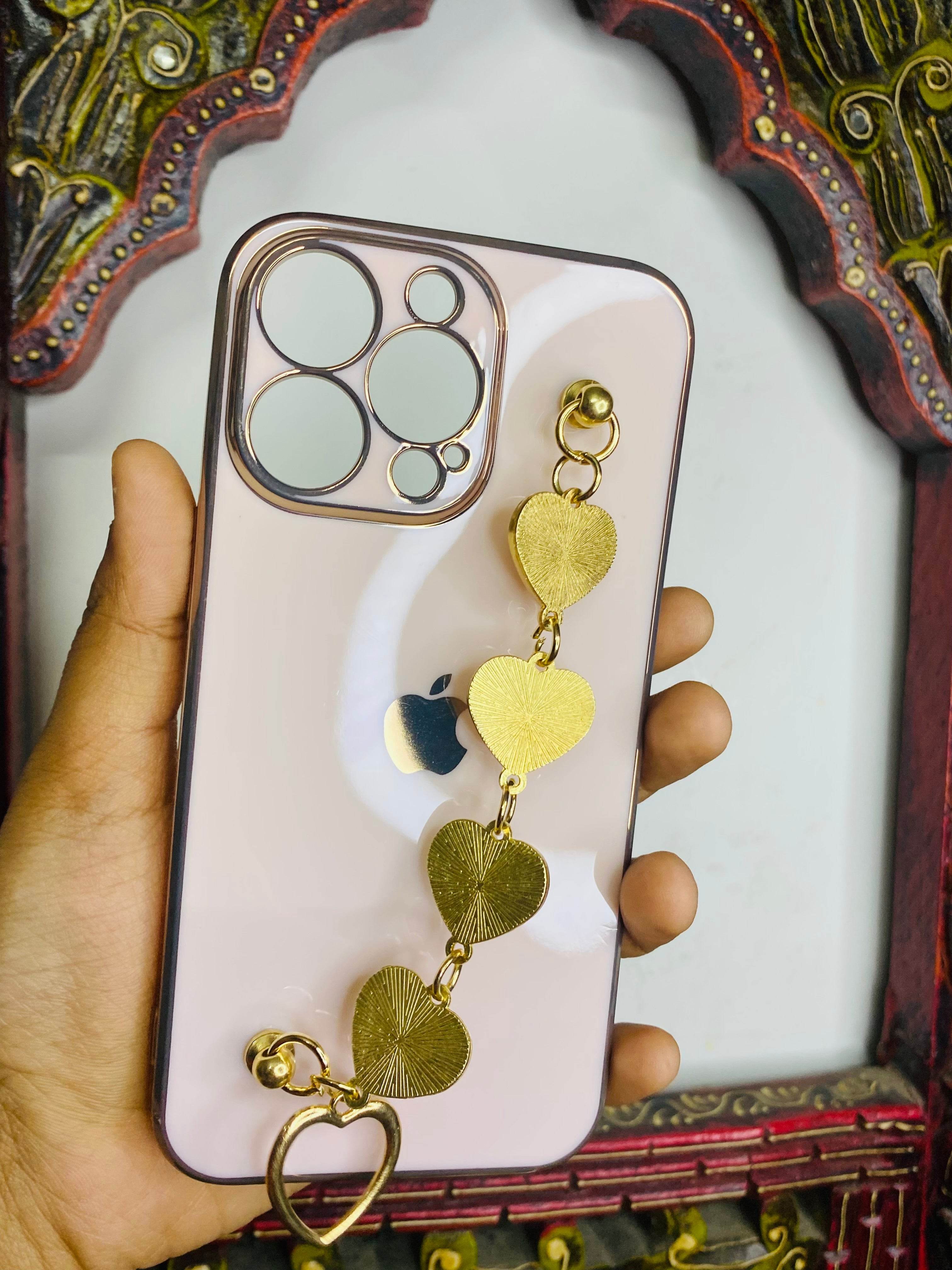 iPhone 13 Pro Max Cute 3D Hearts Chain Silicon Case Cover - Rose Gold - Guleel
