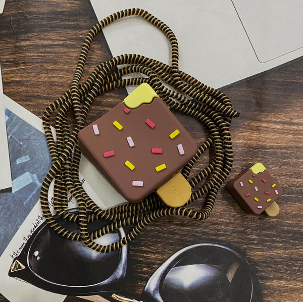 Silicone Cartoon iPhone Charger Case Cover for 18-20W Chargers - Brown Icecream ( With Wire Cover ) - Guleel