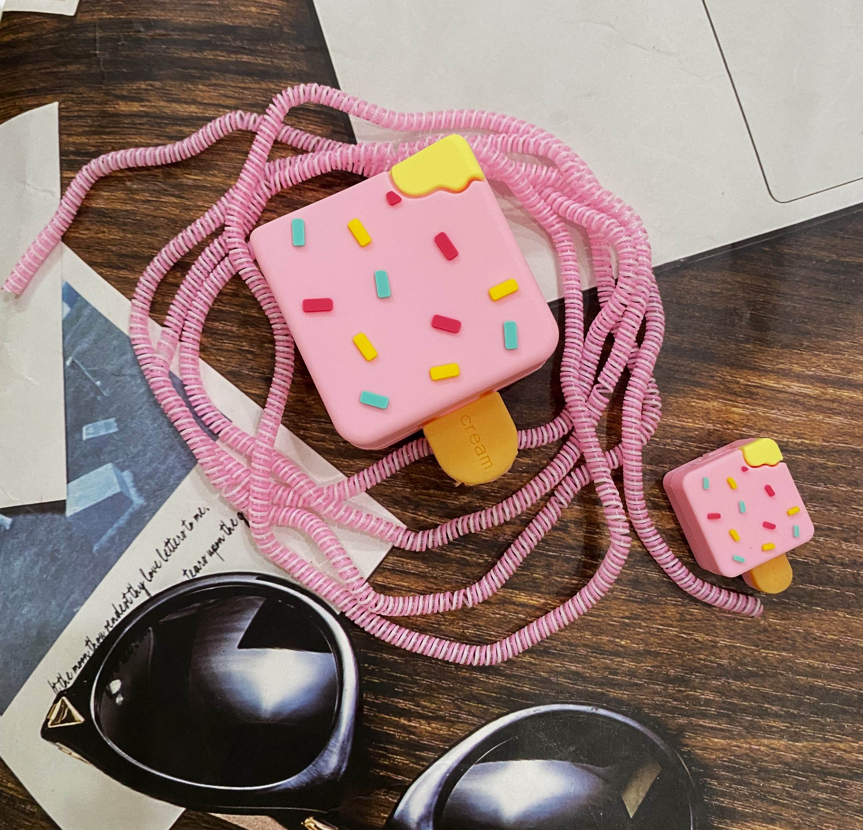 Silicone Cartoon iPhone Charger Case Cover for 18-20W Chargers - Pink Icecream ( With Wire Cover ) - Guleel