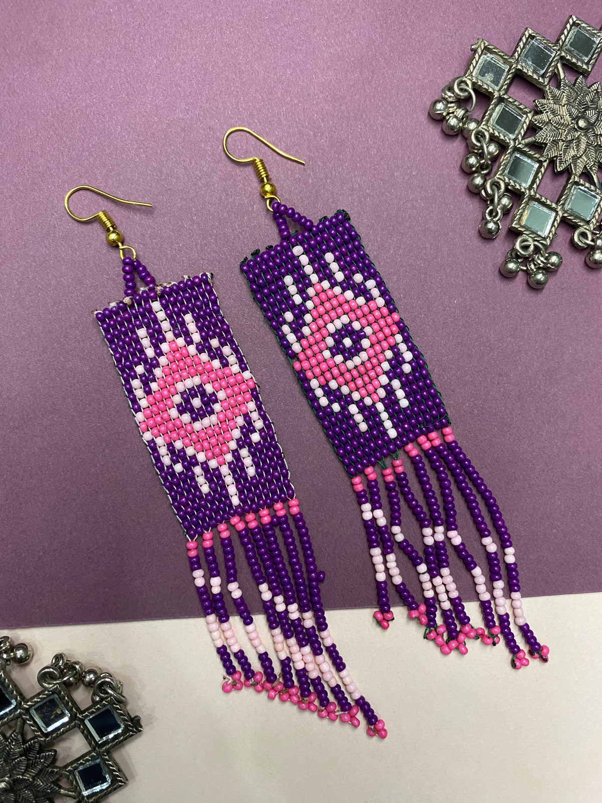 Handmade Beaded Earrings Floral style Traditional - Purple Pink