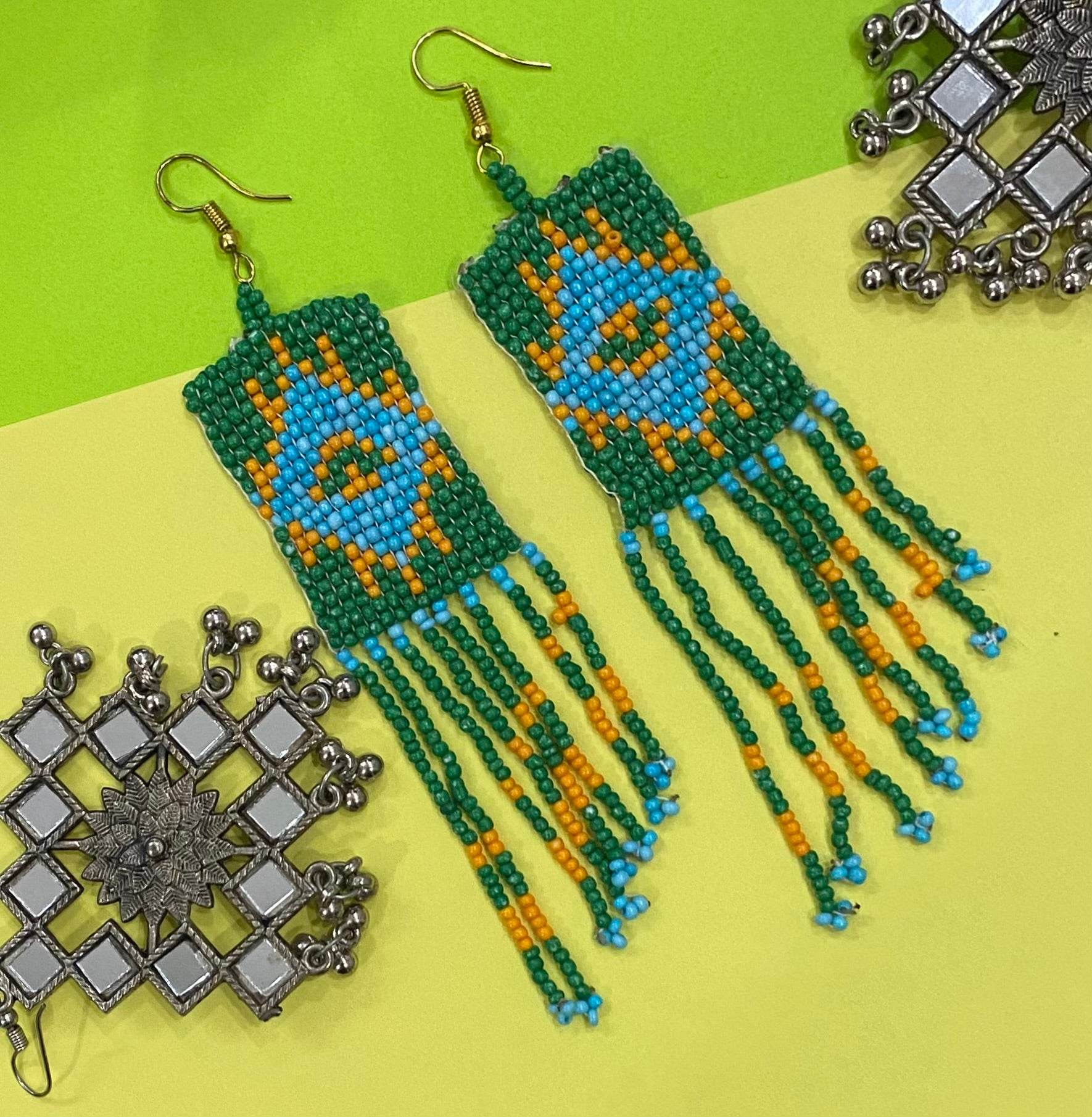 Handmade Beaded Earrings Floral style Traditional - Dark Green Multicolor - Guleel