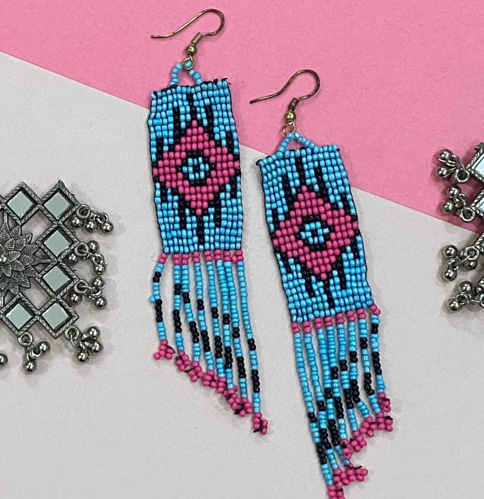 Handmade Beaded Earrings Floral style Traditional - Blue Pink - Guleel