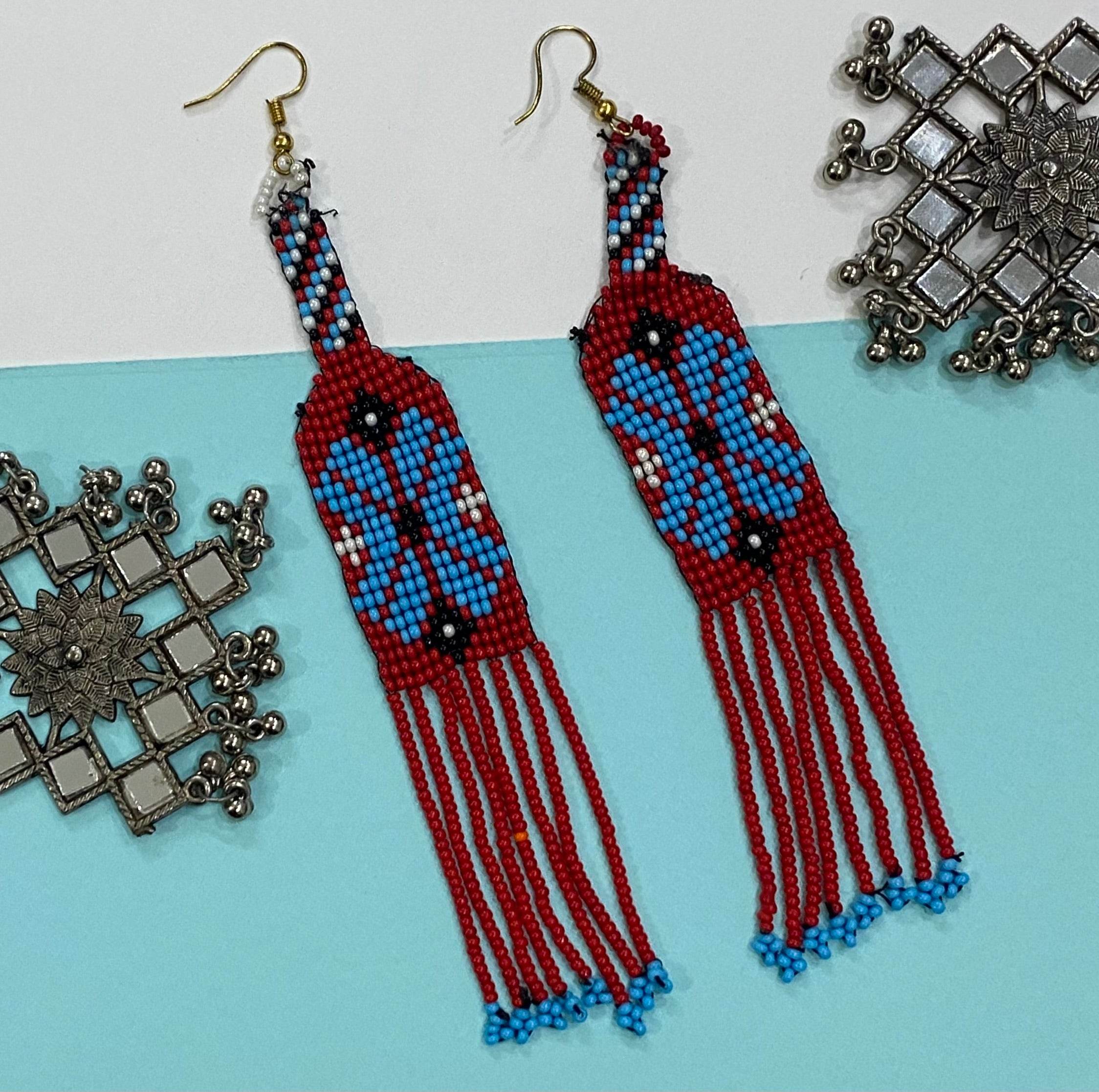 Handmade Beaded Earrings Floral style Traditional - Red Blue Multicolored - Guleel