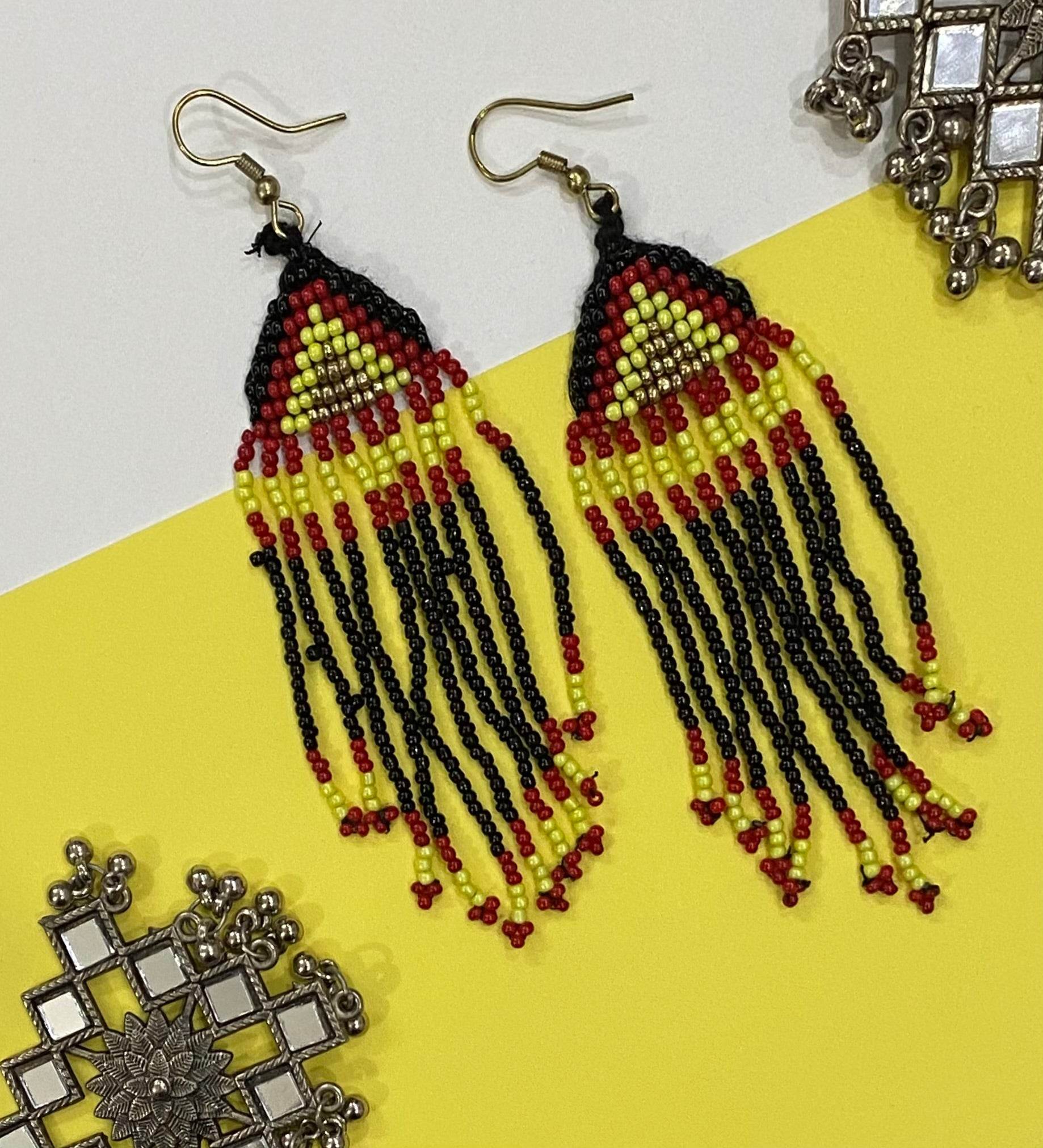 Handmade Beaded Earrings Floral style Traditional - Red Yellow - Guleel