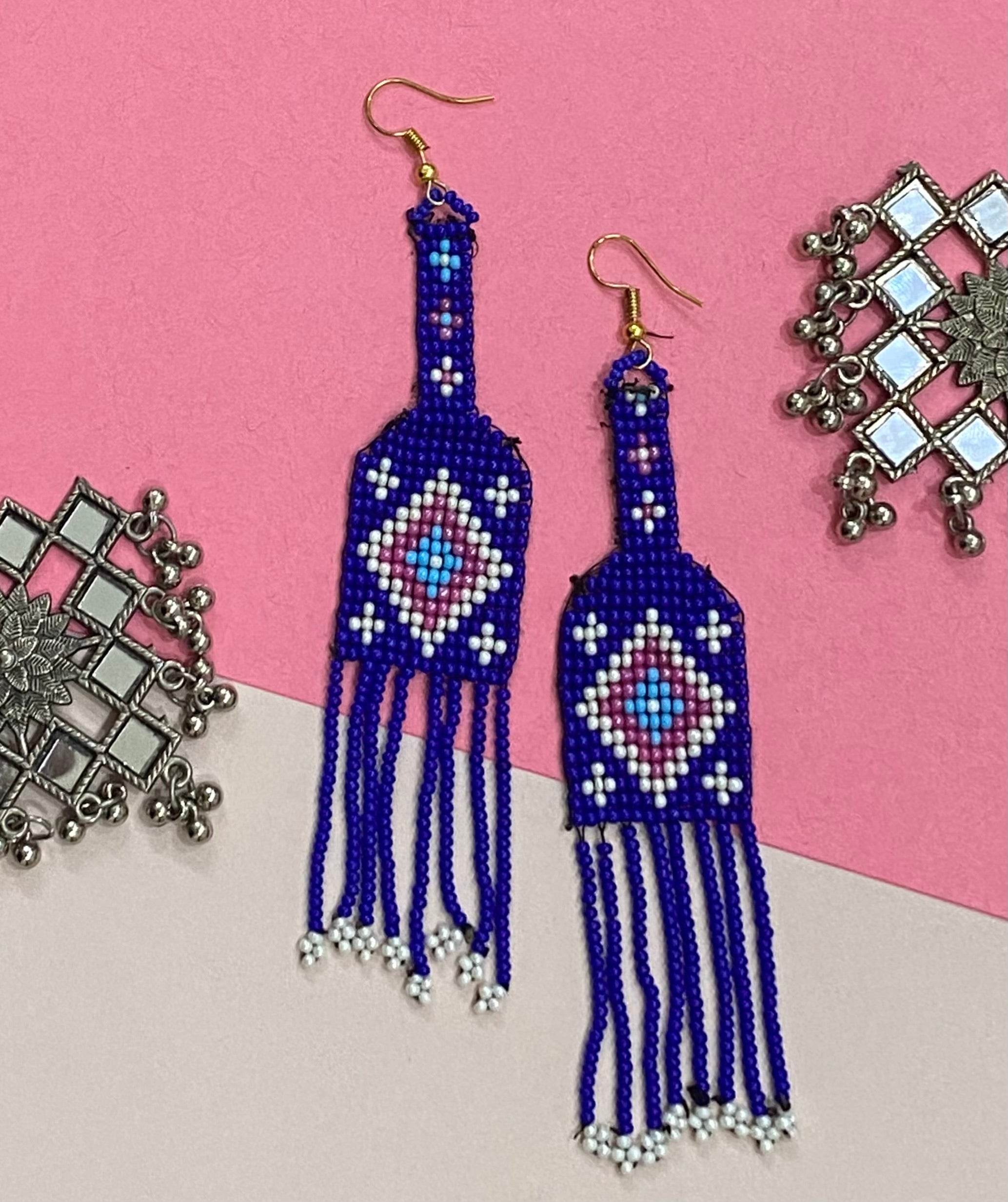 Handmade Beaded Earrings Floral style Traditional - Blue White Multicolored - Guleel