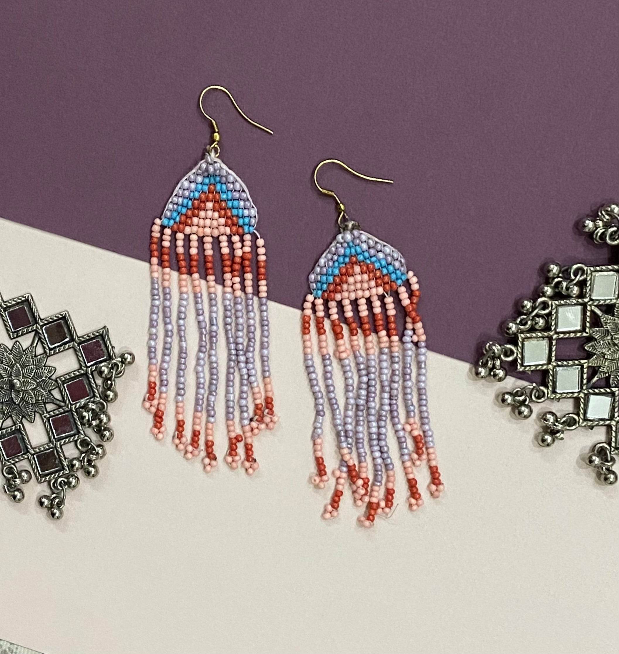 Handmade Beaded Earrings Floral style Traditional - Peach Lavennder - Guleel