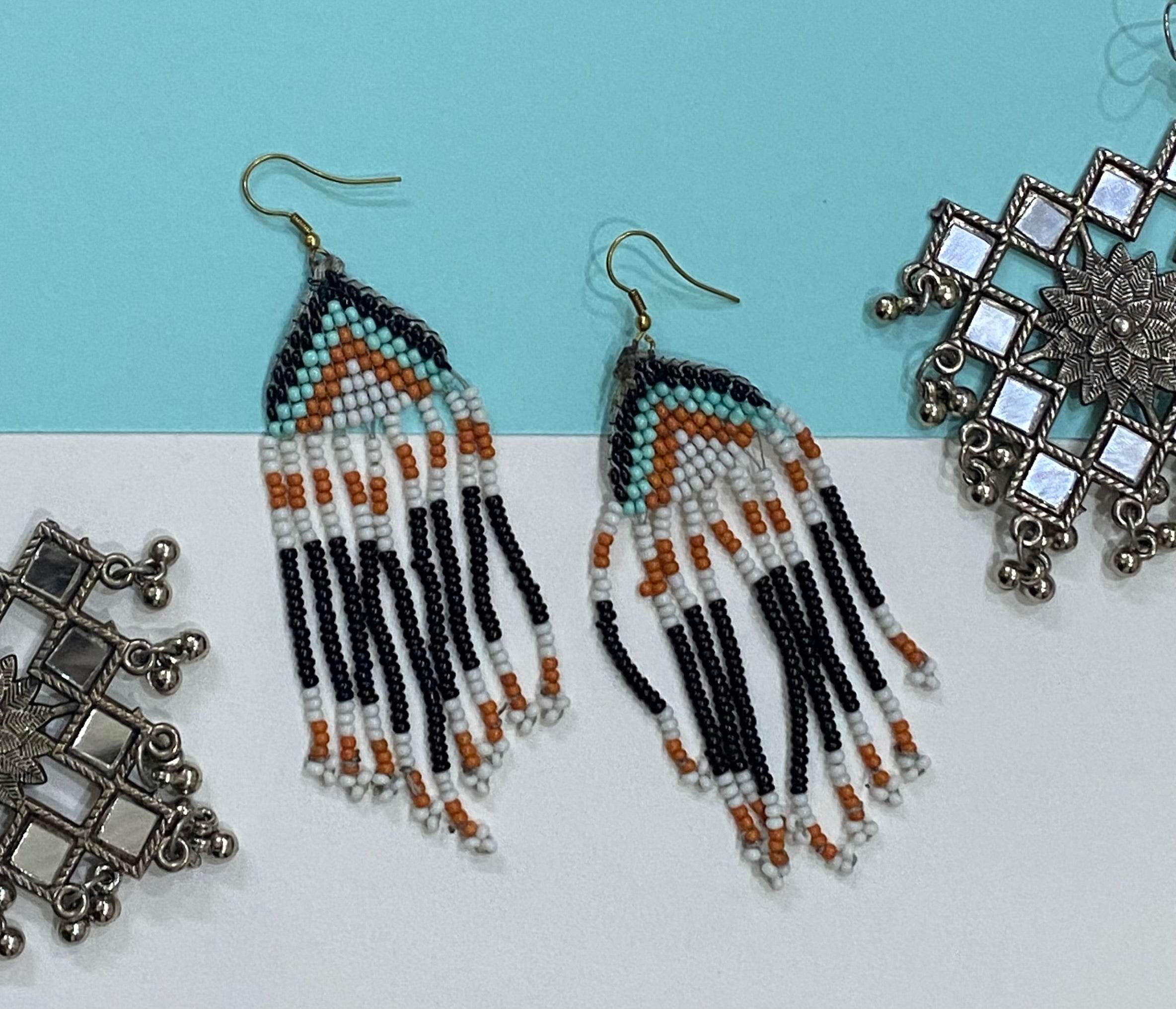 Handmade Beaded Earrings Floral style Traditional - Blue White - Guleel