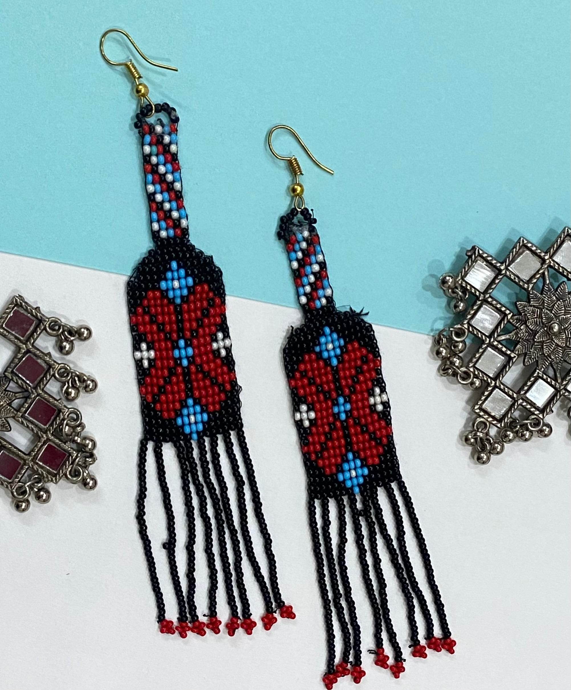 Handmade Beaded Earrings Floral style Traditional - Black Red - Guleel