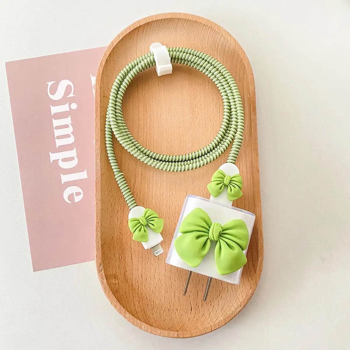 Silicone Cartoon iPhone Bow Charger Case Cover for 18-20W Chargers - Green (with Wire Cover) - Guleel