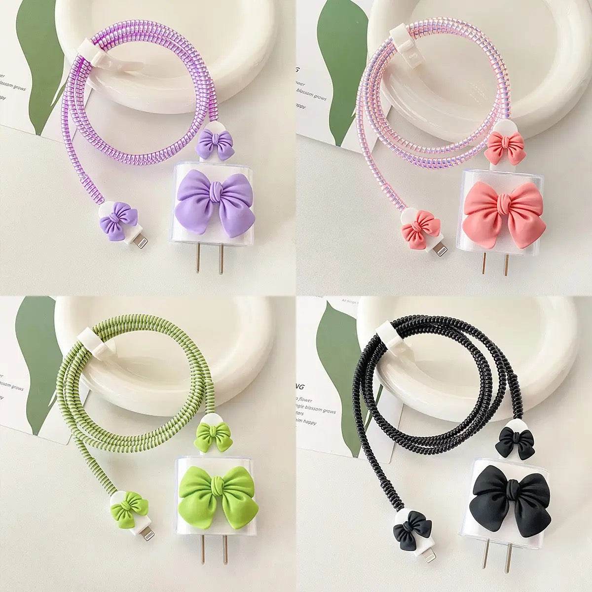 Silicone Cartoon iPhone Bow Charger Case Cover for 18-20W Chargers - Green (with Wire Cover) - Guleel