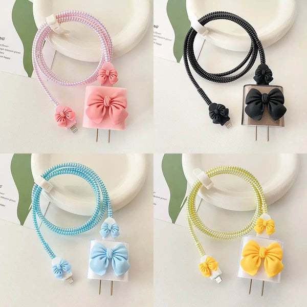 Silicone Cartoon iPhone Bow Charger Case Cover for 18-20W Chargers - Yellow (with Wire Cover) - Guleel