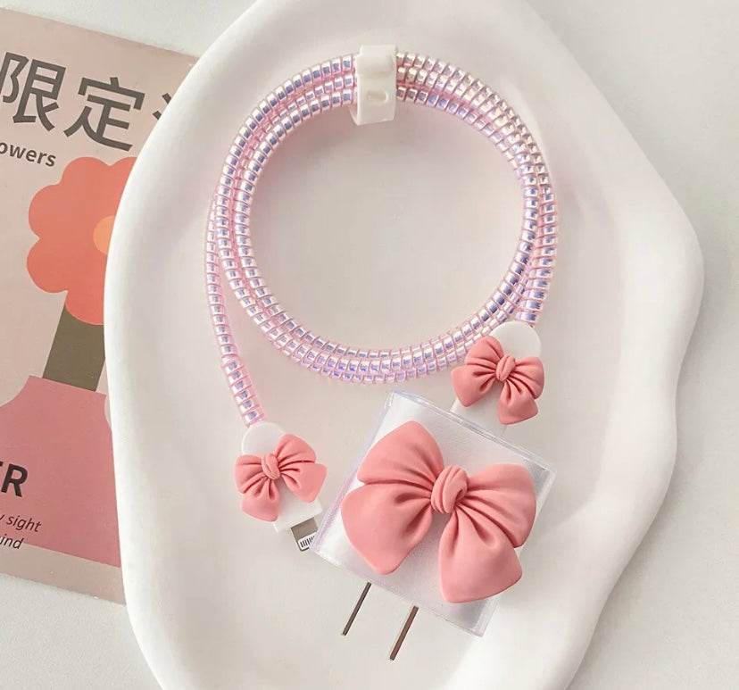 Silicone Cartoon iPhone Bow Charger Case Cover for 18-20W Chargers - Pink (with Wire Cover) - Guleel