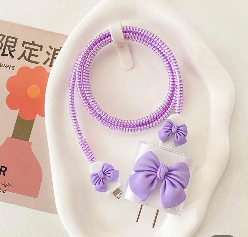 Silicone Cartoon iPhone Bow Charger Case Cover for 18-20W Chargers - Purple (with Wire Cover) - Guleel