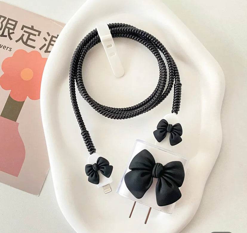 Silicone Cartoon iPhone Bow Charger Case Cover for 18-20W Chargers - Black (with Wire Cover) - Guleel