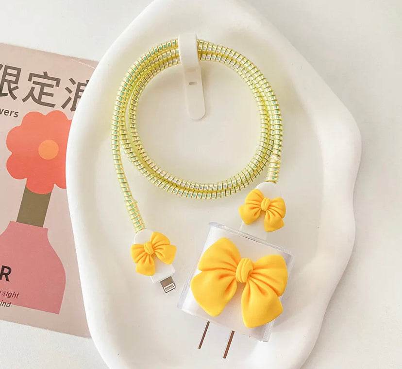 Silicone Cartoon iPhone Bow Charger Case Cover for 18-20W Chargers - Yellow (with Wire Cover) - Guleel
