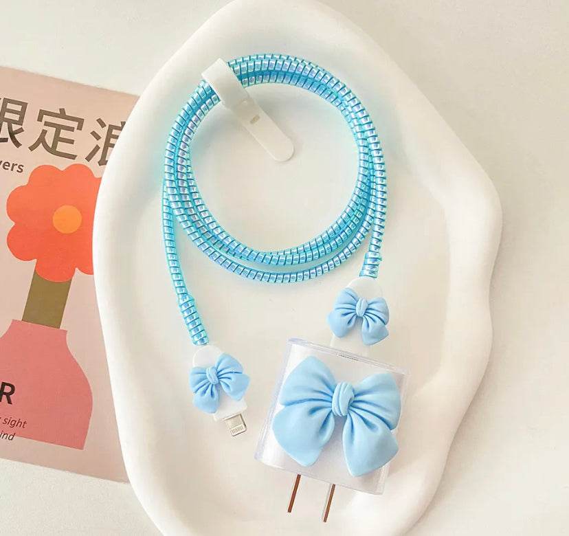 Silicone Cartoon iPhone Bow Charger Case Cover for 18-20W Chargers - Blue (with Wire Cover) - Guleel