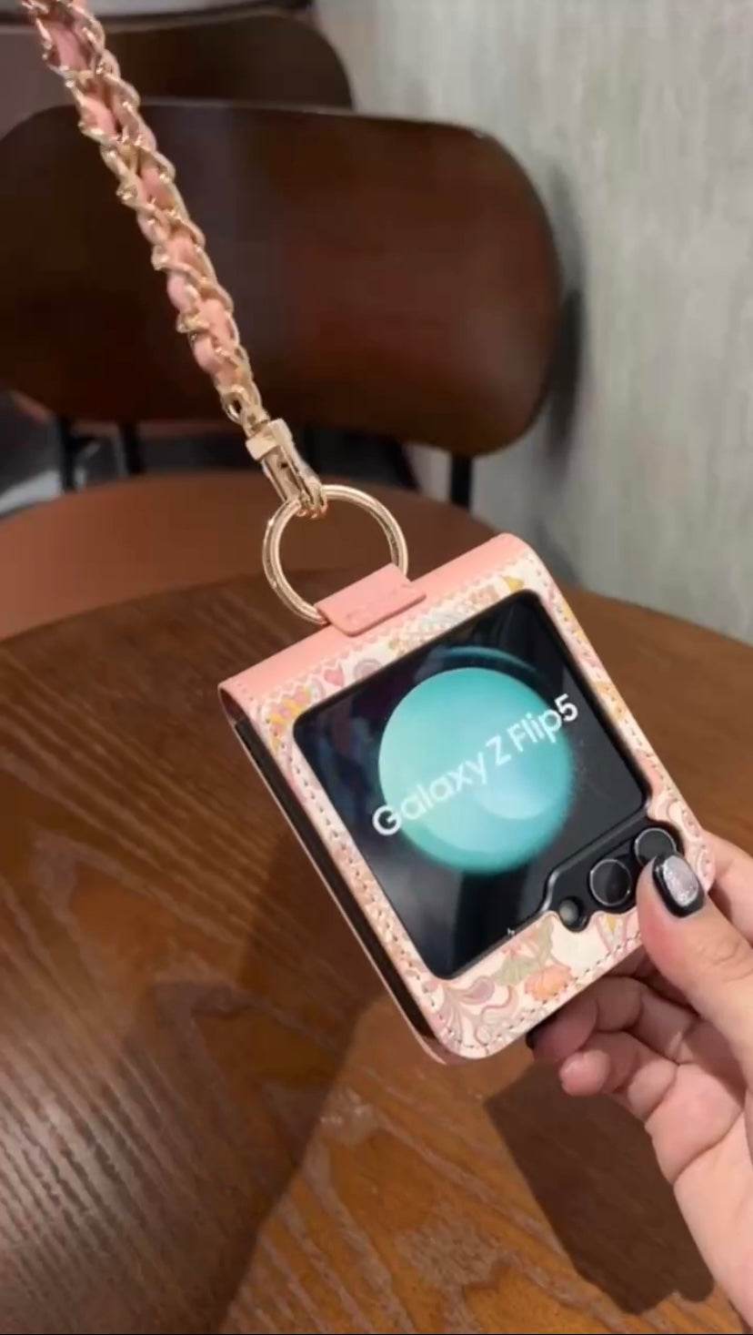 Galaxy Z Flip 4 Premium Flower Style Cross Body Bag Long Strap Card Holder Flip Cover -Pink - Guleel