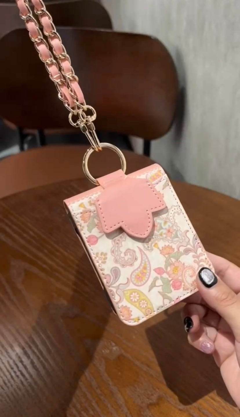 Galaxy Z Flip 5 Premium Flower Style Cross Body Bag Long Strap Card Holder Flip Cover -Pink - Guleel