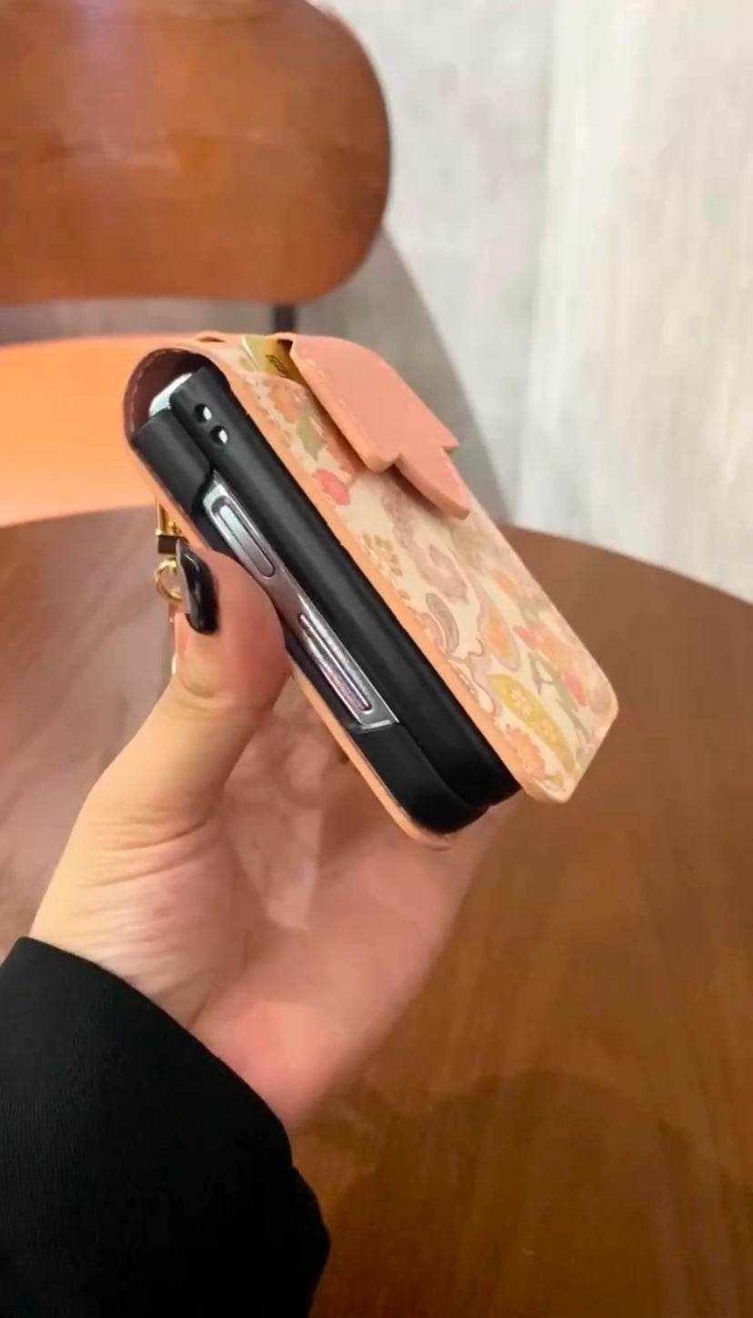 Galaxy Z Flip 5 Premium Flower Style Cross Body Bag Long Strap Card Holder Flip Cover -Pink - Guleel