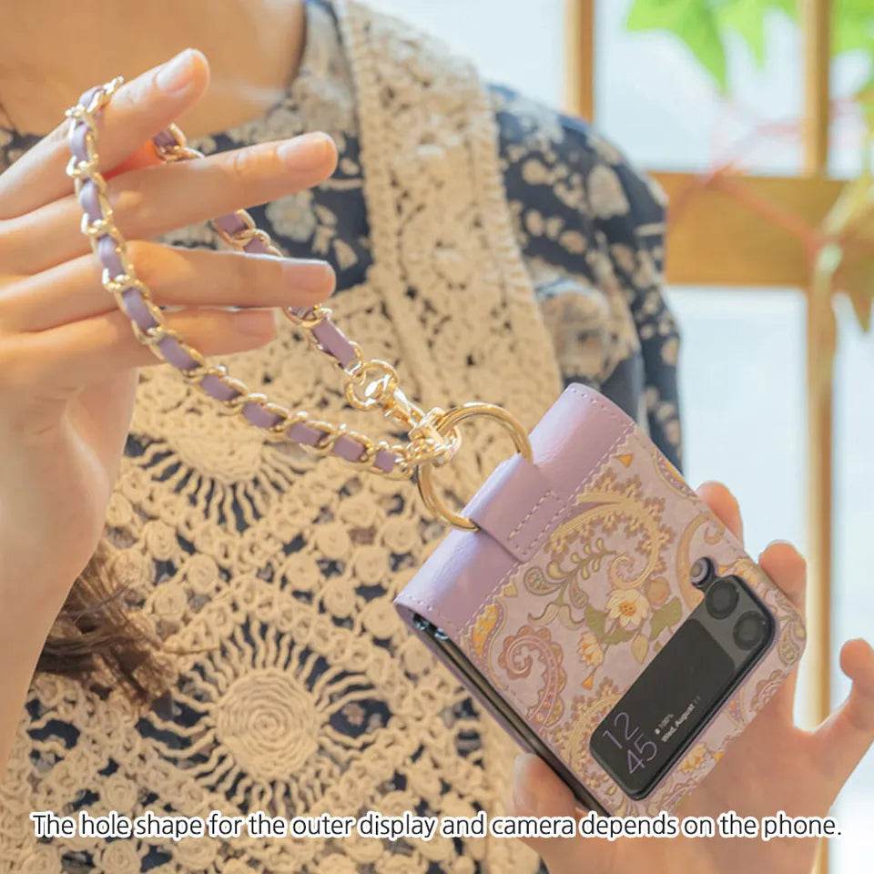 Galaxy Z Flip 3 Premium Flower Style Cross Body Bag Long Strap Card Holder Flip Cover - Lavender - Guleel