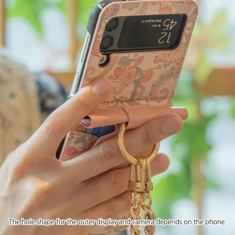 Galaxy Z Flip 3 Premium Flower Style Cross Body Bag Long Strap Card Holder Flip Cover - Pink - Guleel