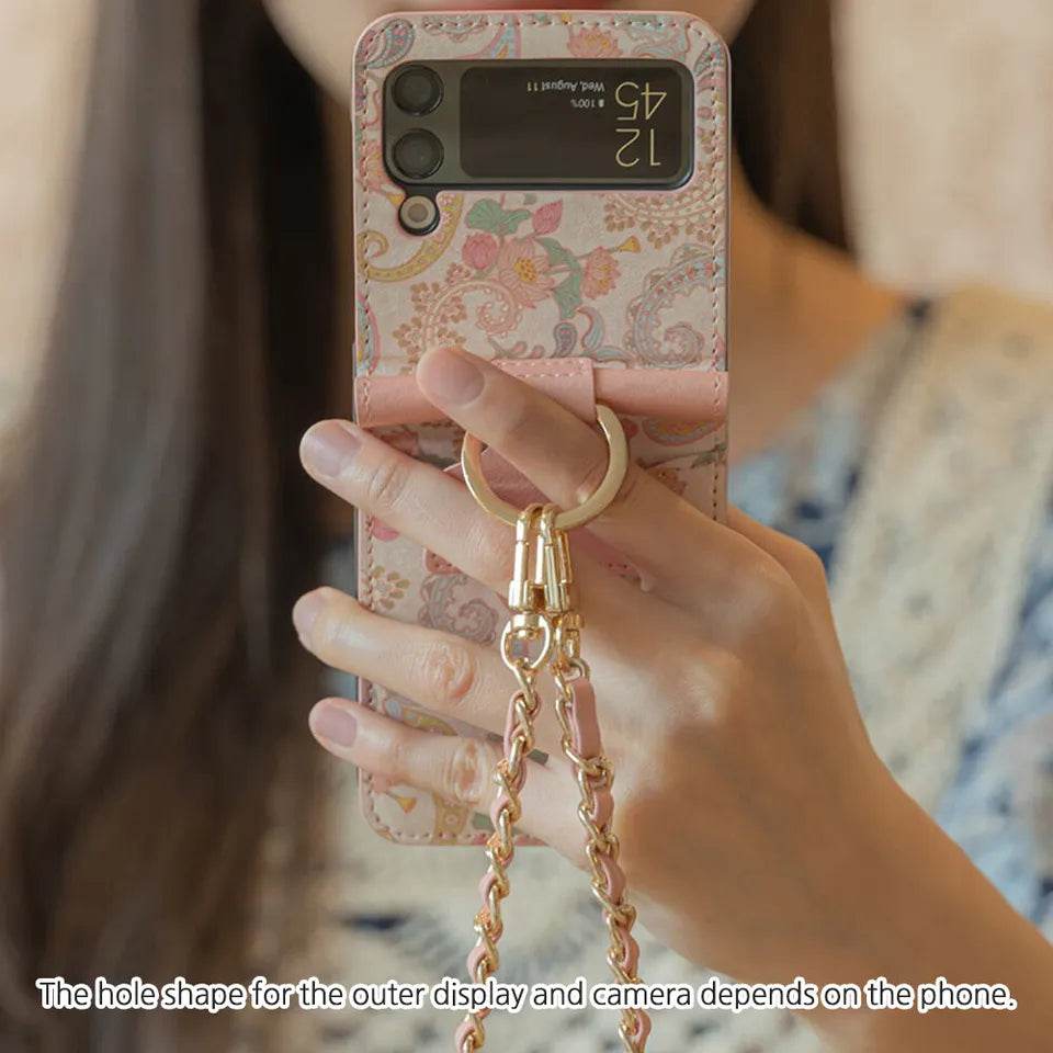 Galaxy Z Flip 4 Premium Flower Style Cross Body Bag Long Strap Card Holder Flip Cover -Pink - Guleel