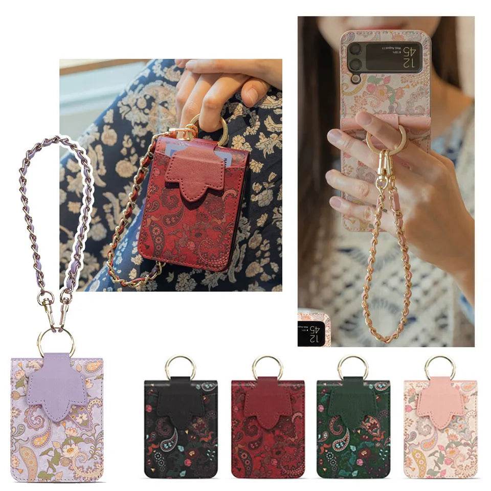 Galaxy Z Flip 4 Premium Flower Style Cross Body Bag Long Strap Card Holder Flip Cover -Green - Guleel