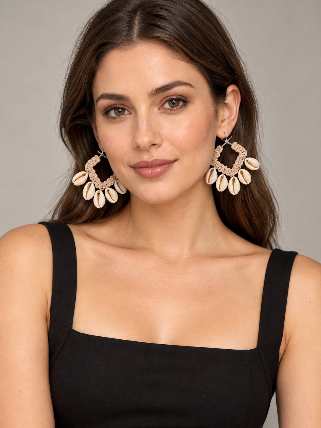 Beige Macramé & Cowrie Shell Drop Earrings