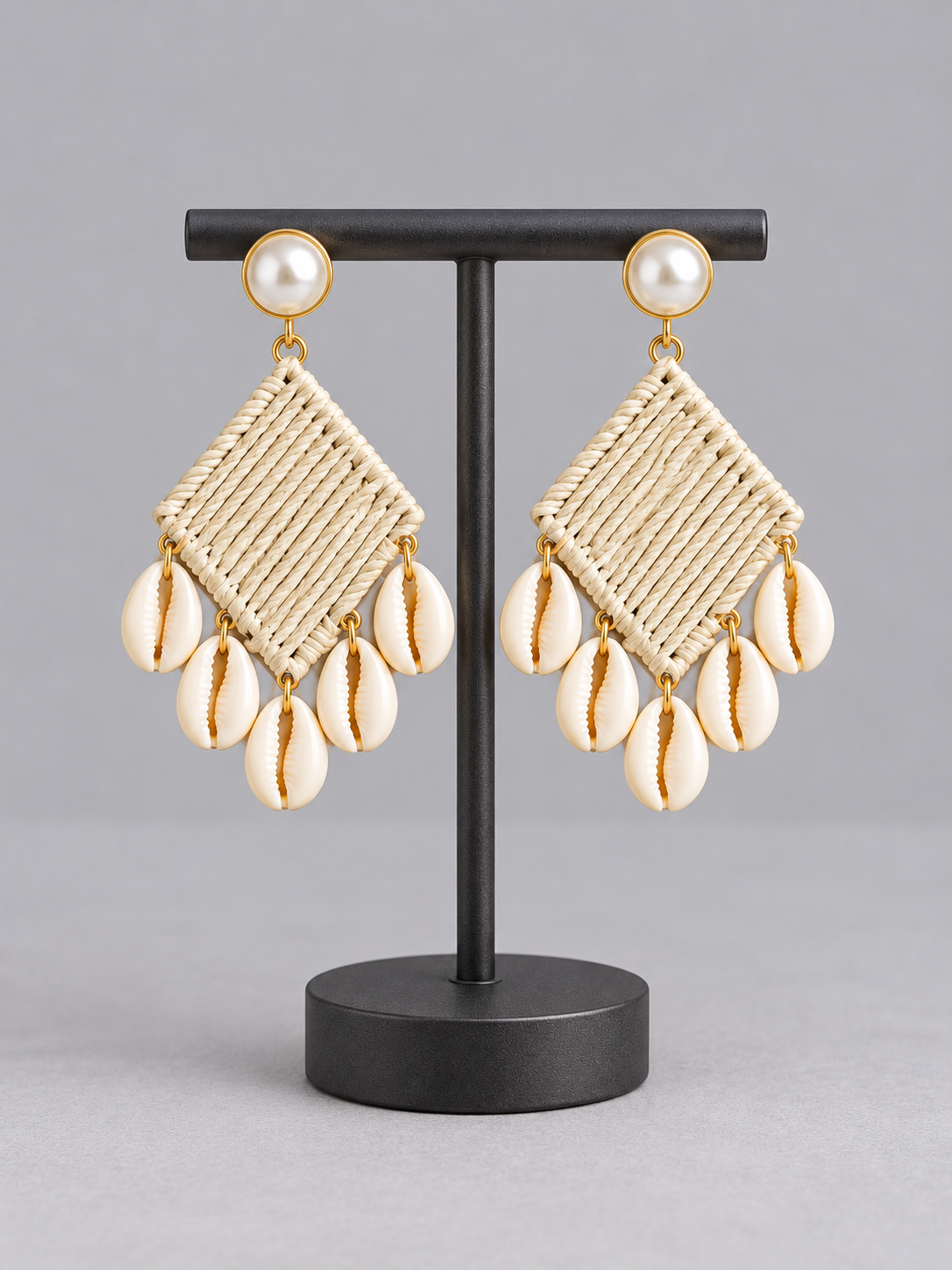 Ivory Woven Diamond Cowrie Shell Drop Earrings