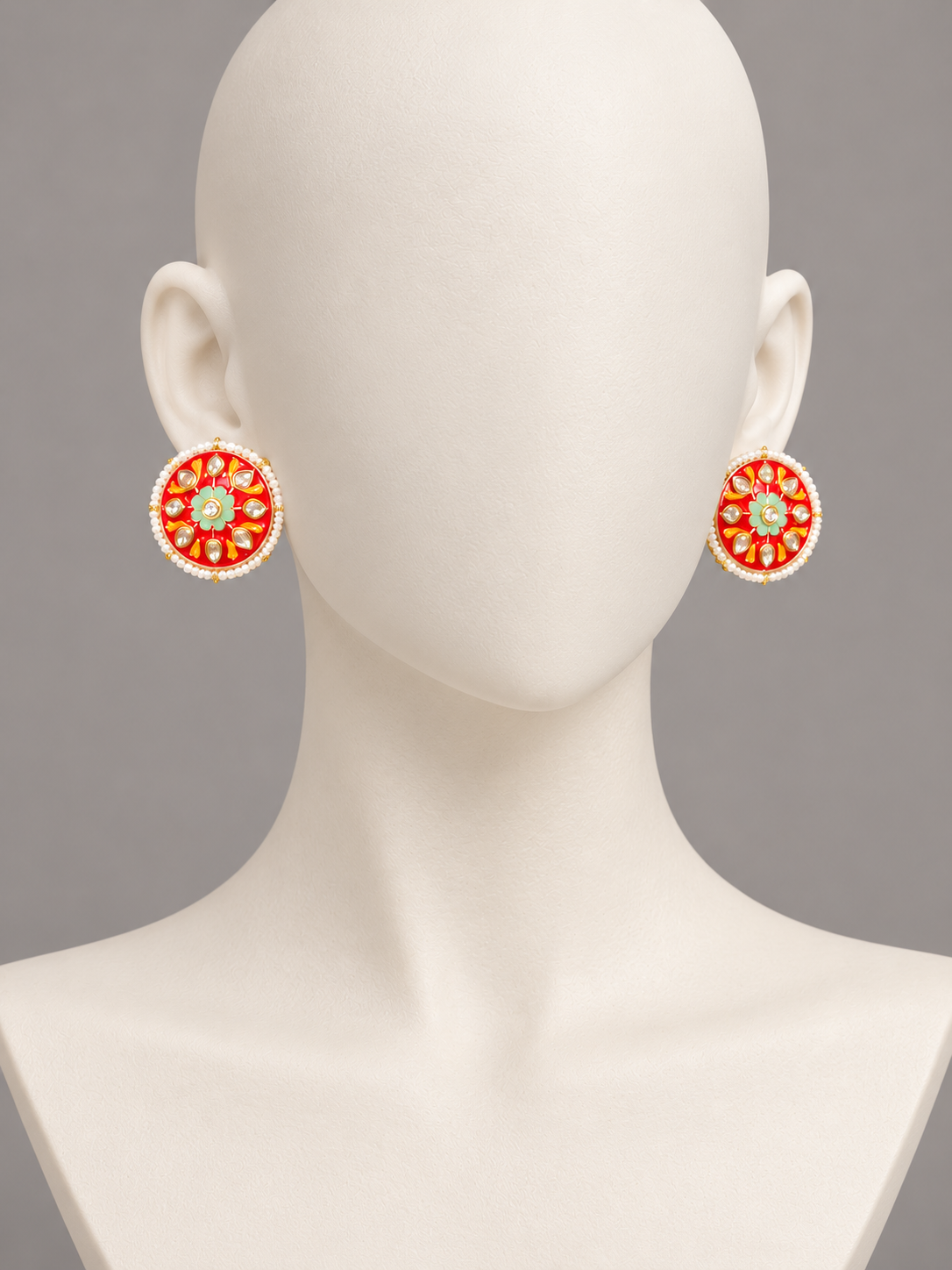Red & Mint Green Floral Stud Earrings with Pearl-Style Border