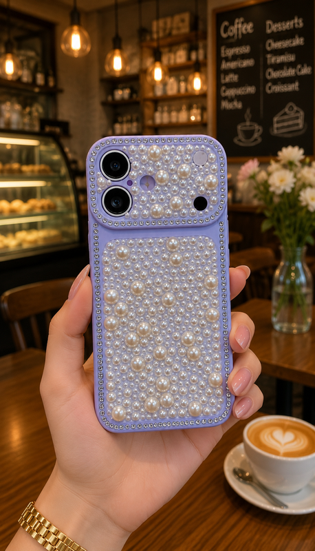 iPhone 16 Premium Pearl Rhinestone Elegant Shockproof Luxury Mobile Cover