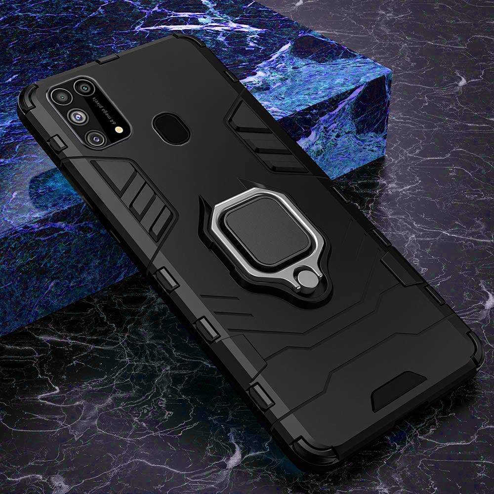 Samsung Galaxy M31 / F41 Tough Armor Ring Holder & Kickstand in-Built 360 Degree Protection Back Case - Black - Guleel