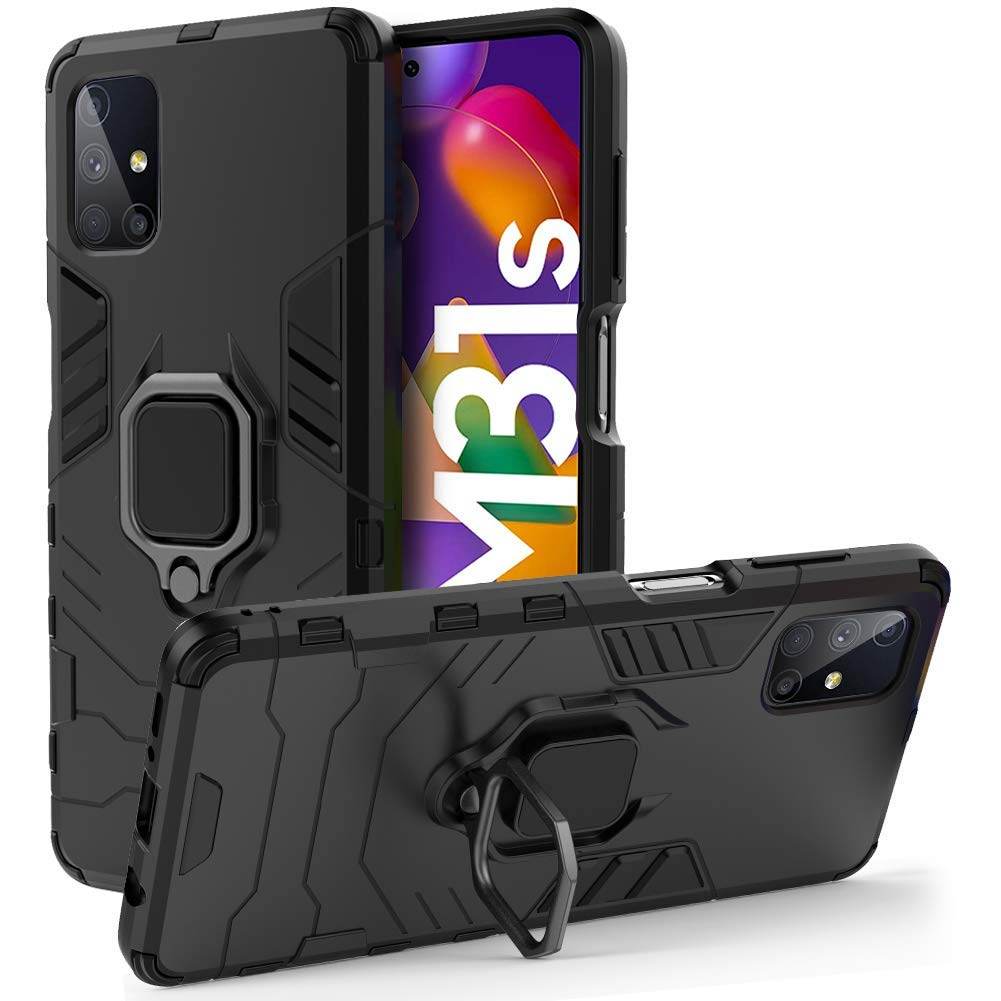 Samsung Galaxy M31s Tough Armor Ring Holder & Kickstand in-Built 360 Degree Protection Back Case - Black - Guleel