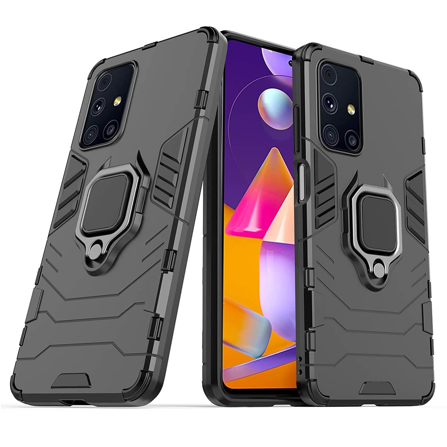 Samsung Galaxy M31s Tough Armor Ring Holder & Kickstand in-Built 360 Degree Protection Back Case - Black - Guleel