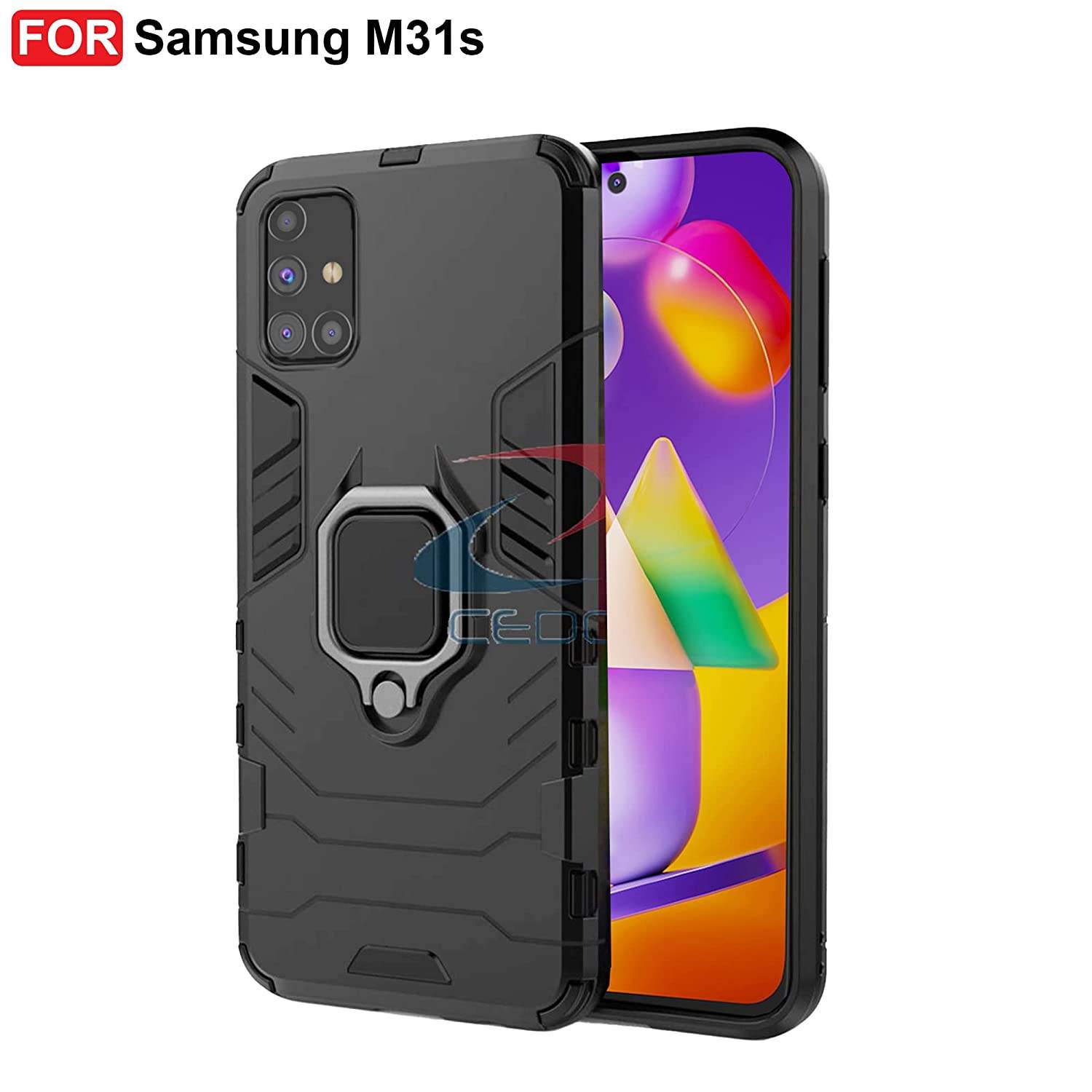 Samsung Galaxy M31s Tough Armor Ring Holder & Kickstand in-Built 360 Degree Protection Back Case - Black - Guleel