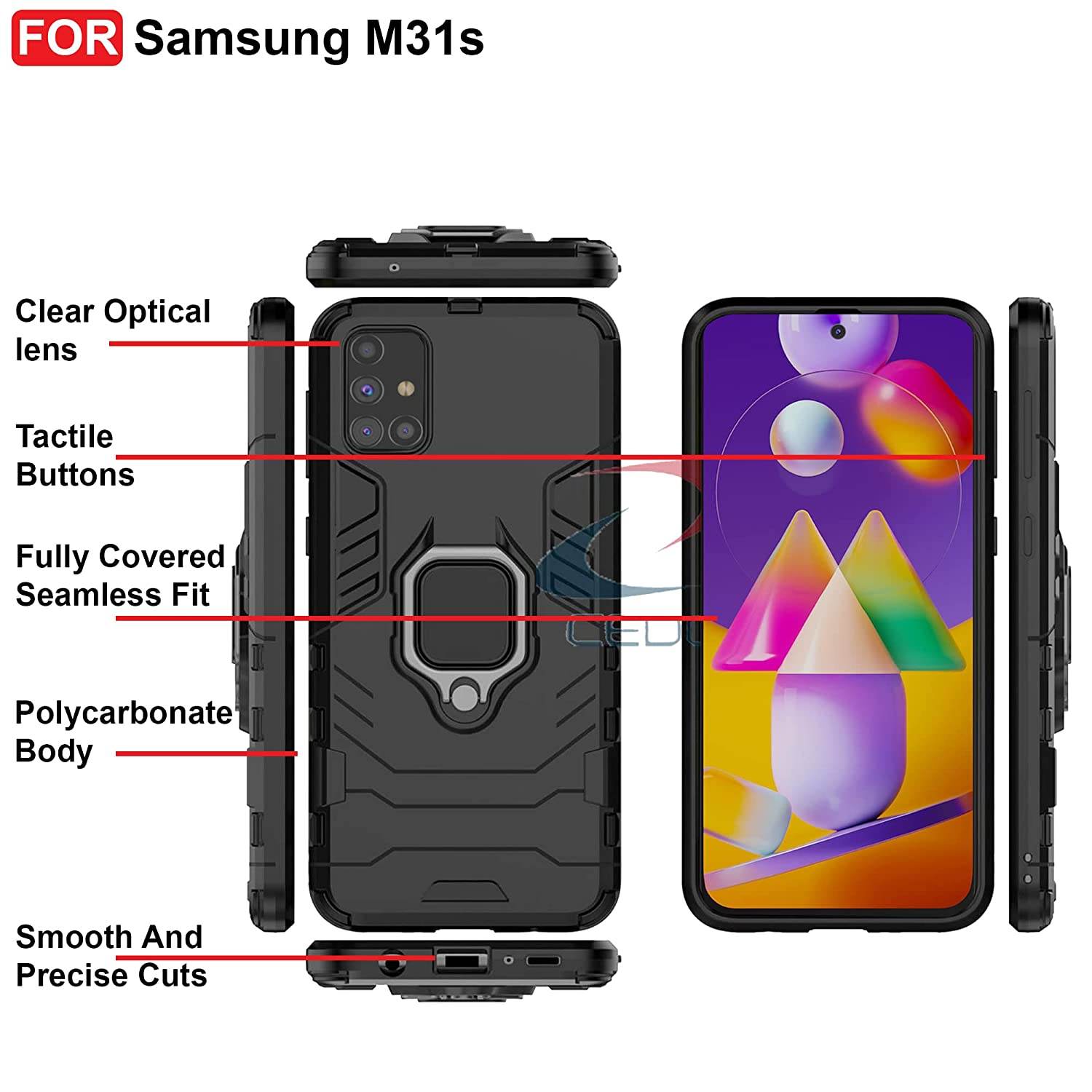 Samsung Galaxy M31s Tough Armor Ring Holder & Kickstand in-Built 360 Degree Protection Back Case - Black - Guleel